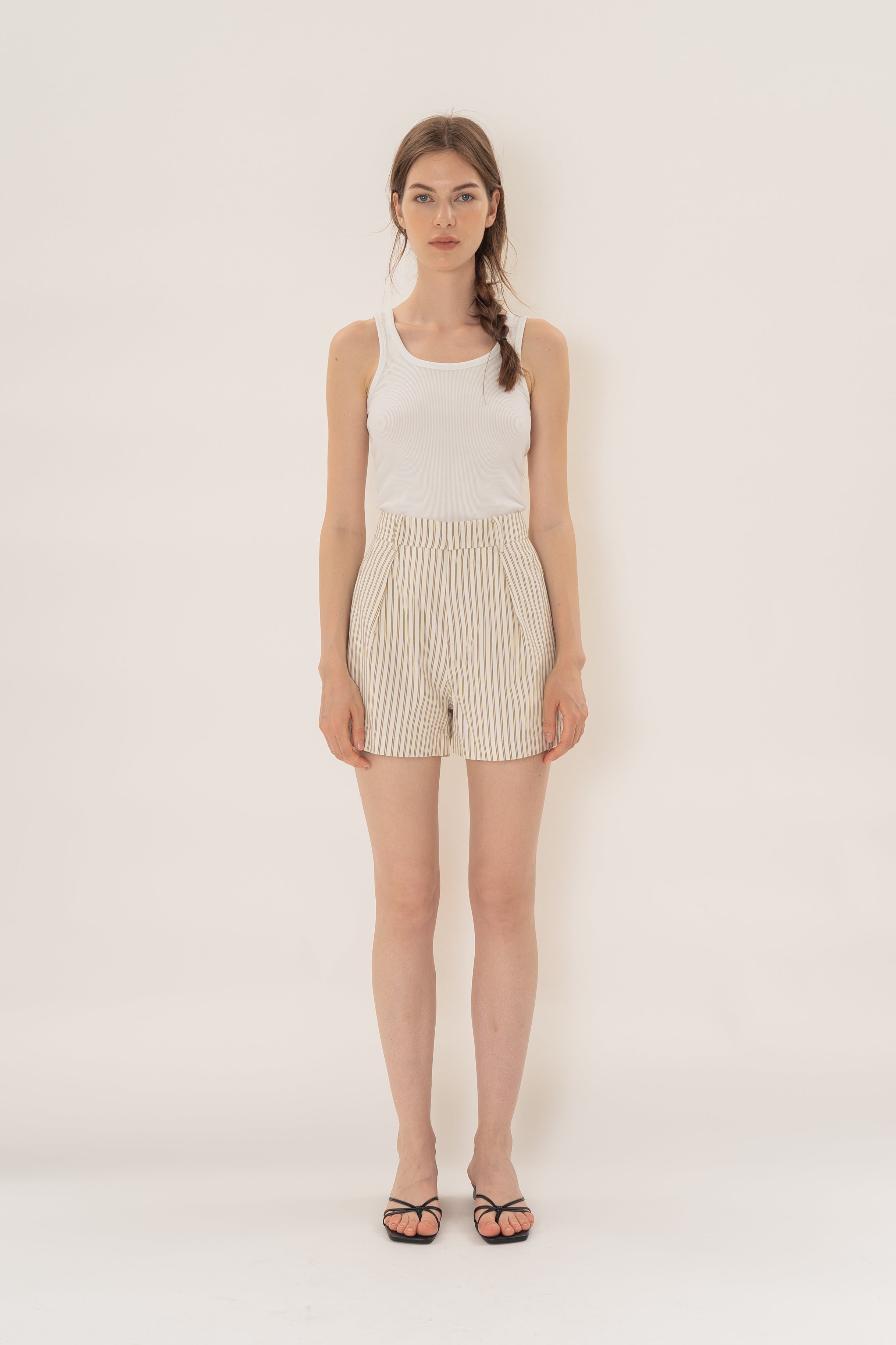 Pleated Shorts in Tan Stripe