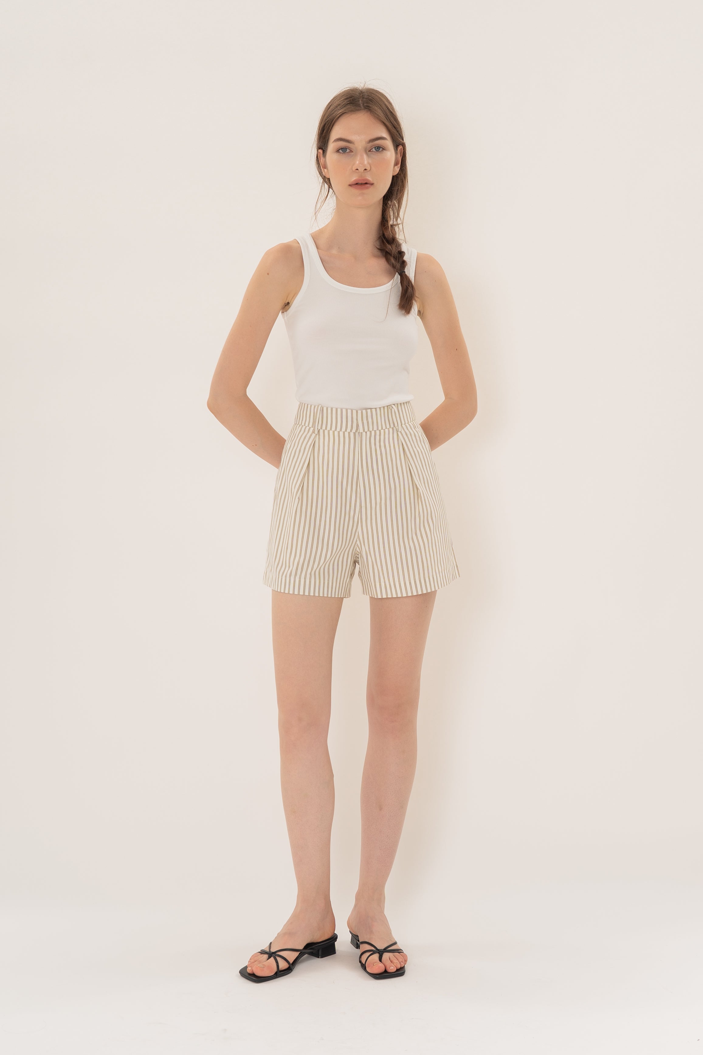 Pleated Shorts in Tan Stripe