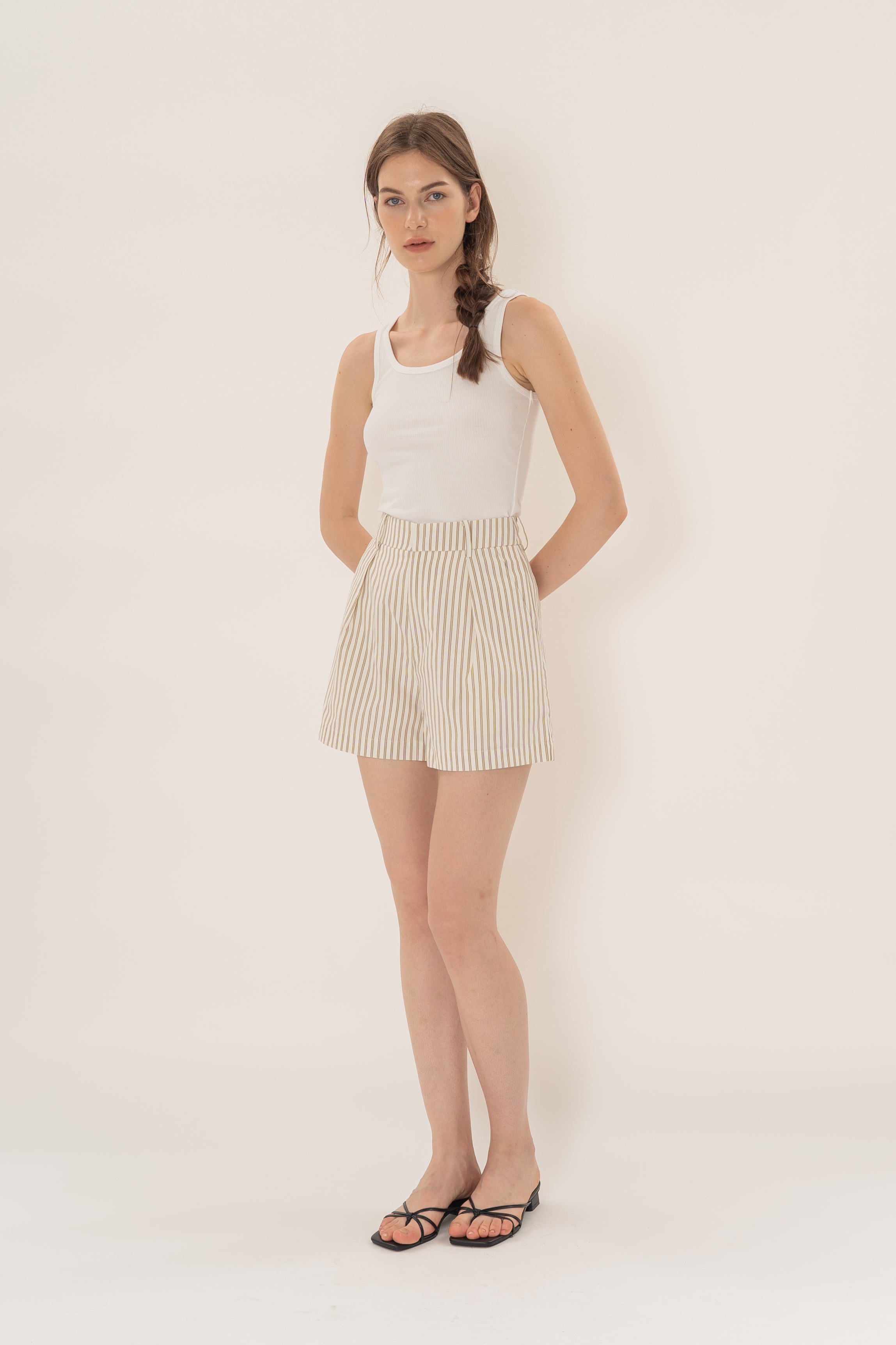 Pleated Shorts in Tan Stripe