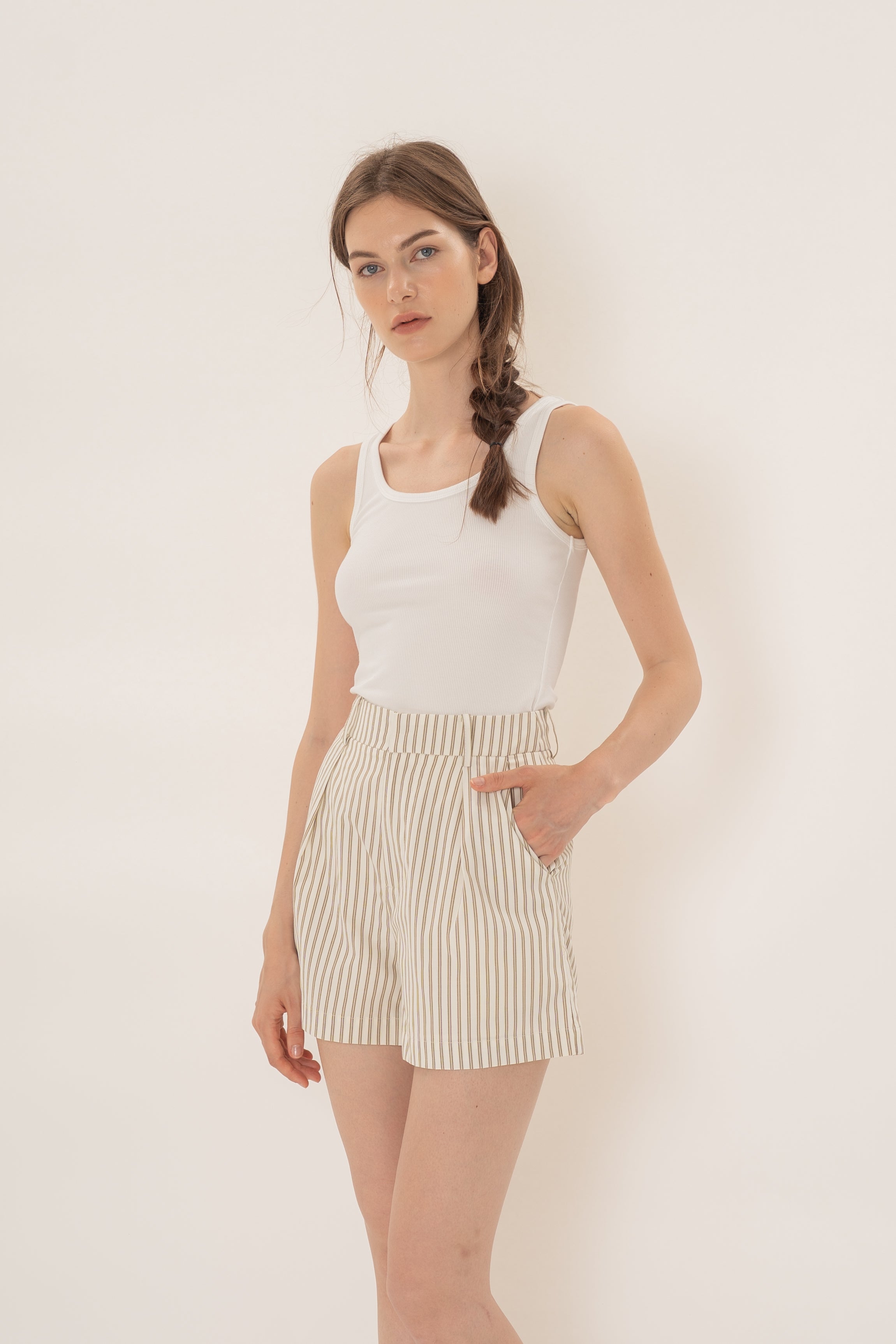 Pleated Shorts in Tan Stripe