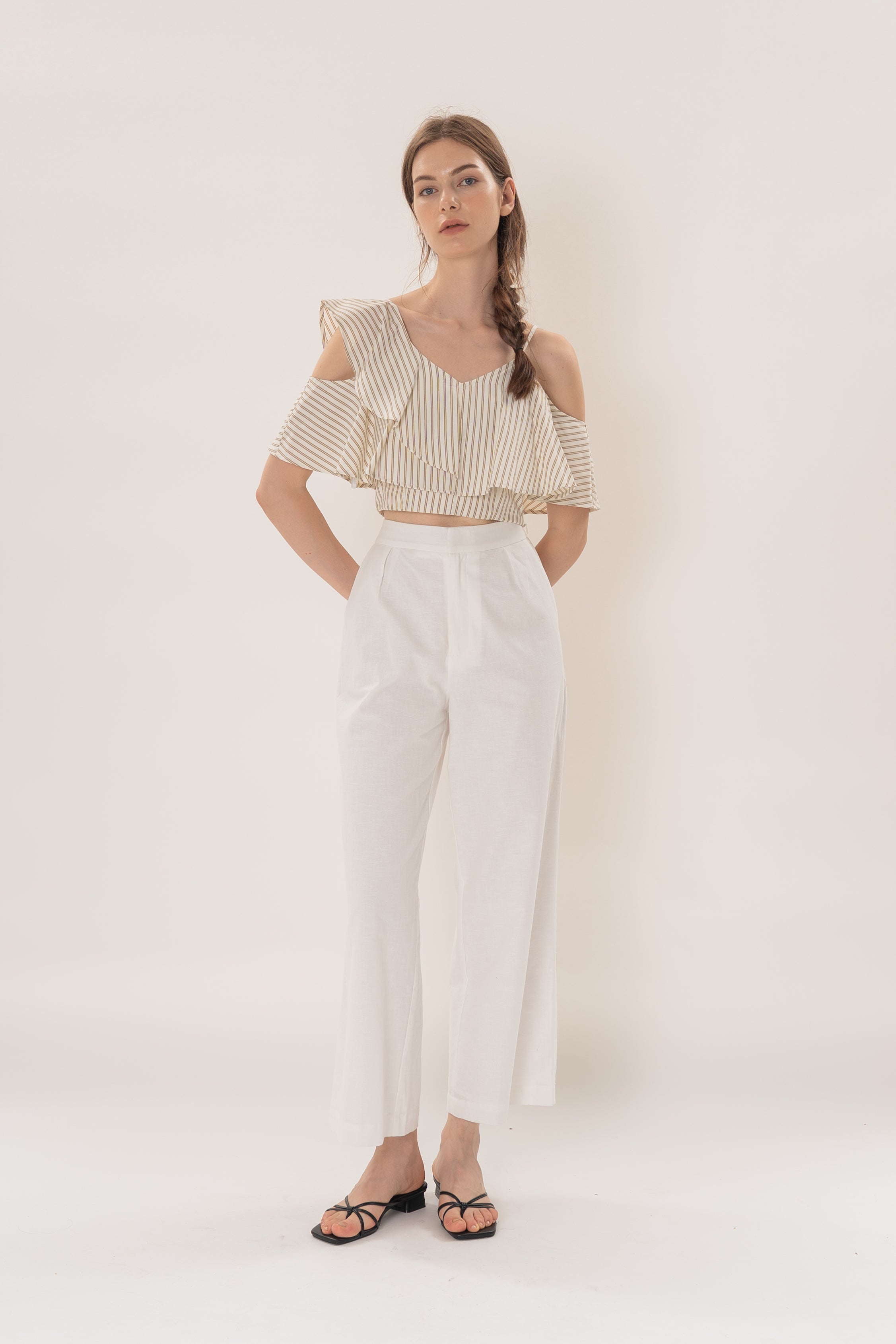 Textured Linen Pleated Trousers in White