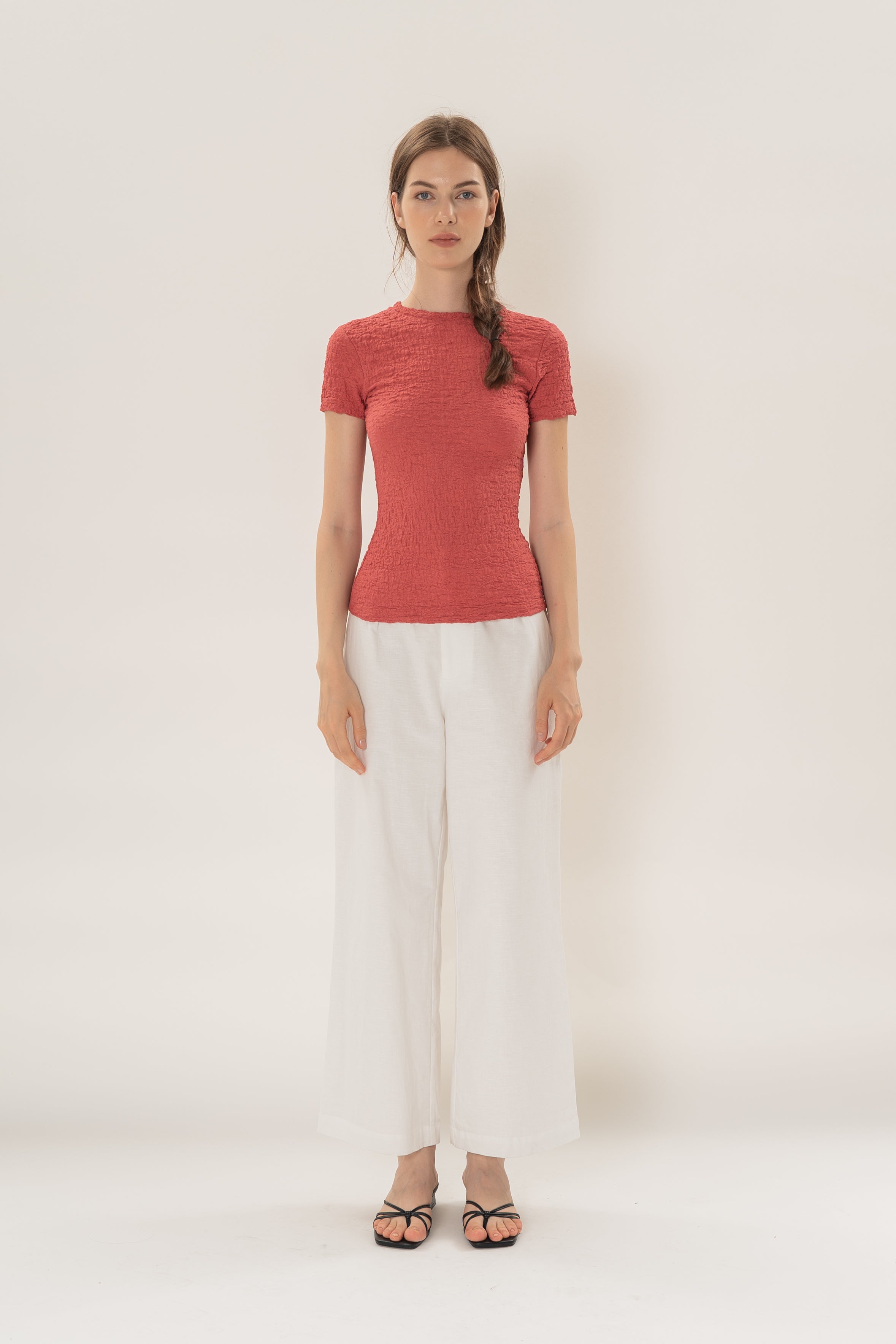 Textured Shirred Tee in Coral Red