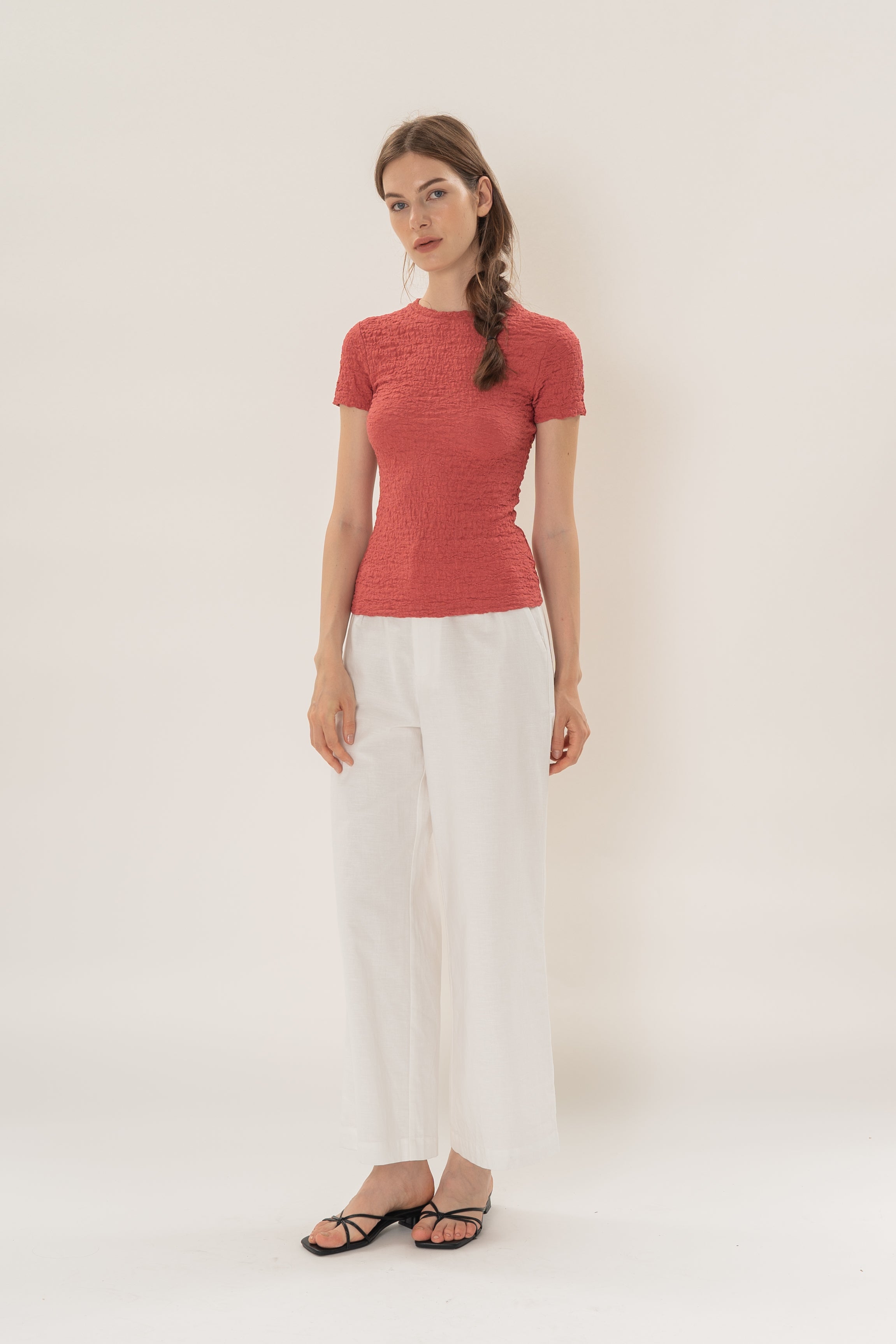 Textured Shirred Tee in Coral Red