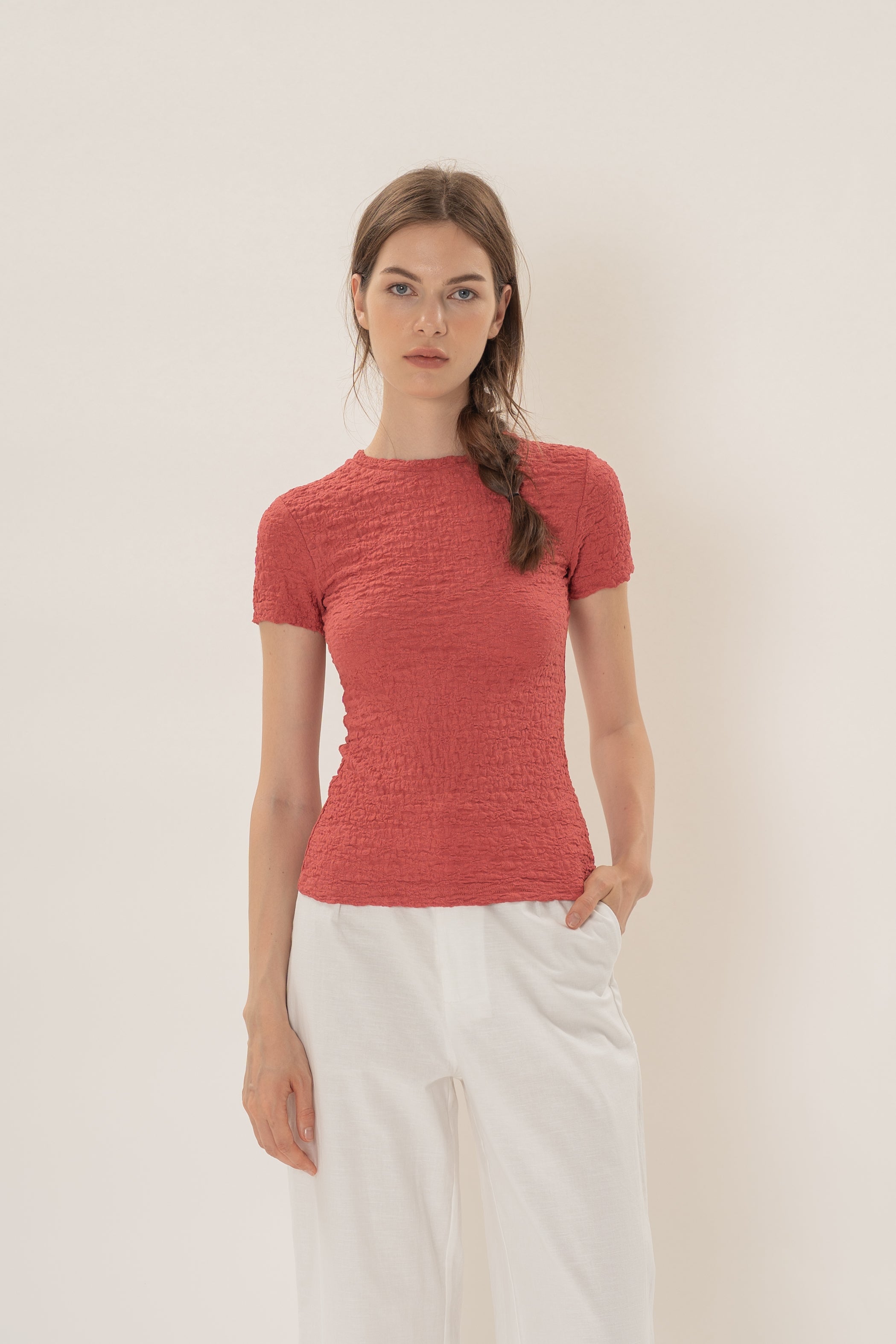 Textured Shirred Tee in Coral Red