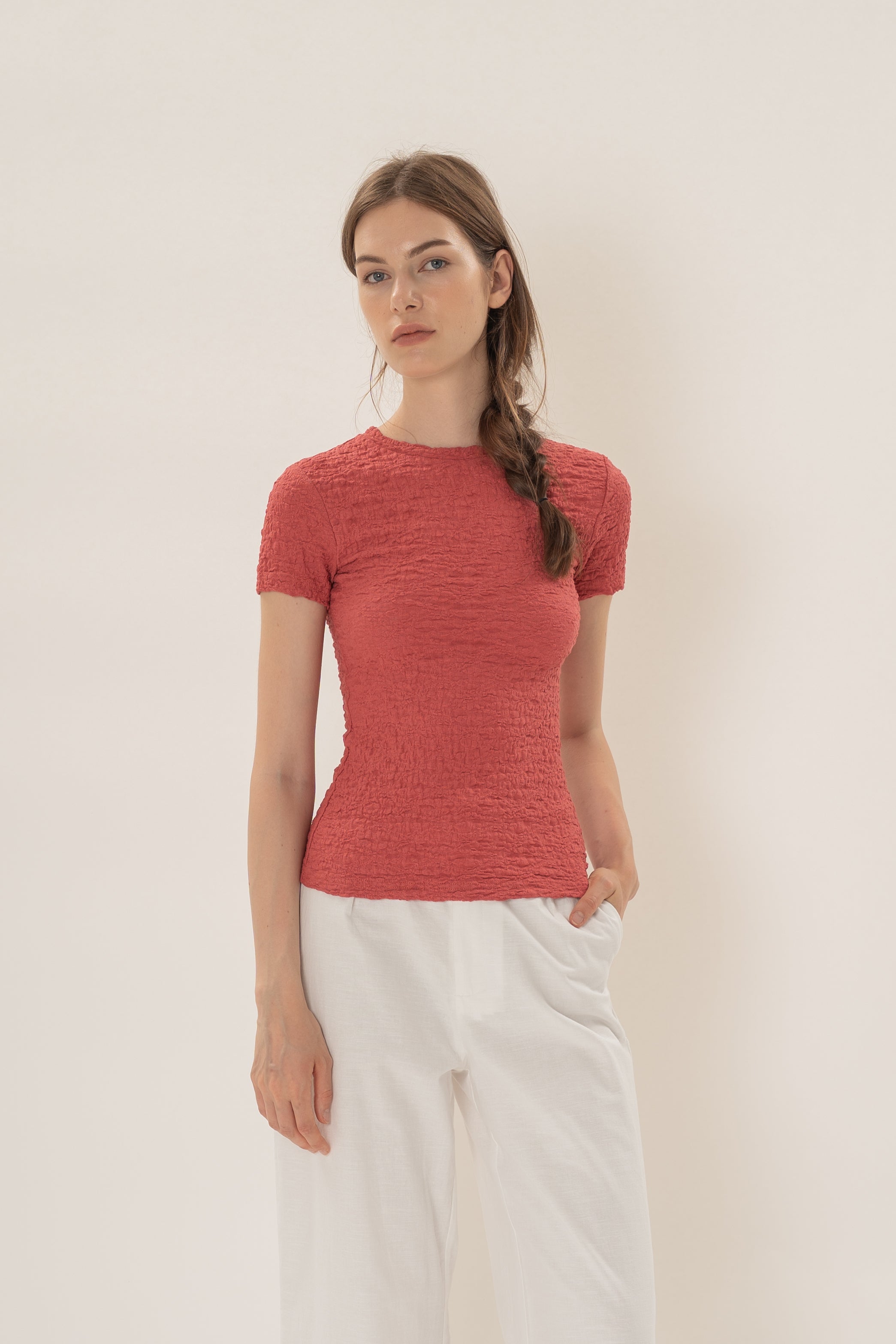 Textured Shirred Tee in Coral Red