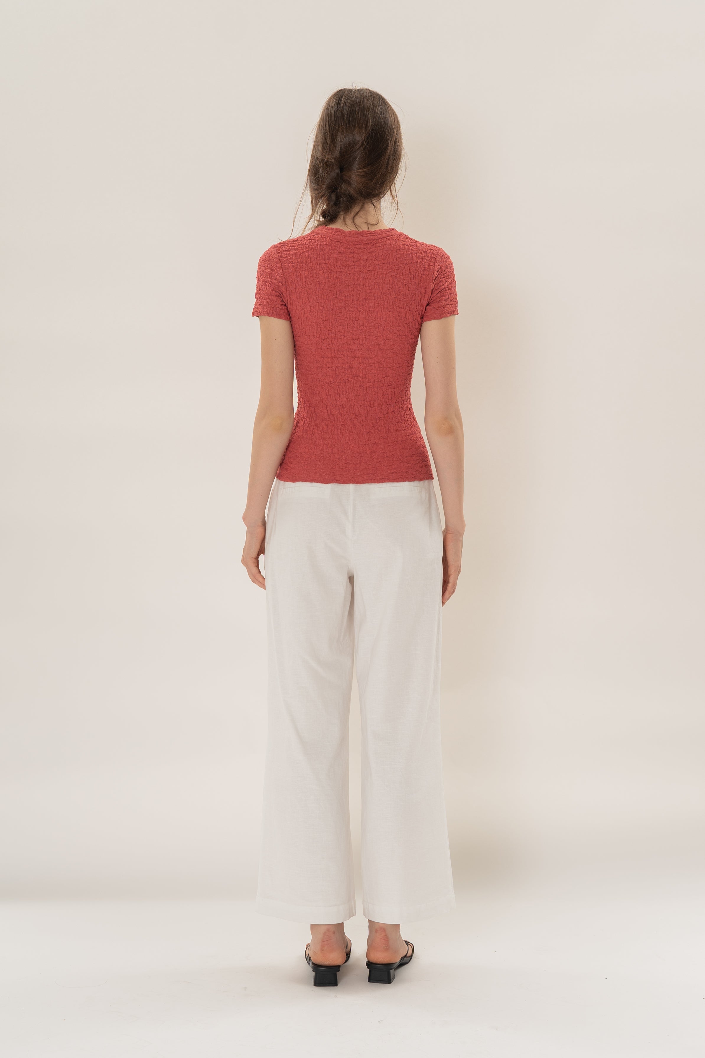 Textured Shirred Tee in Coral Red