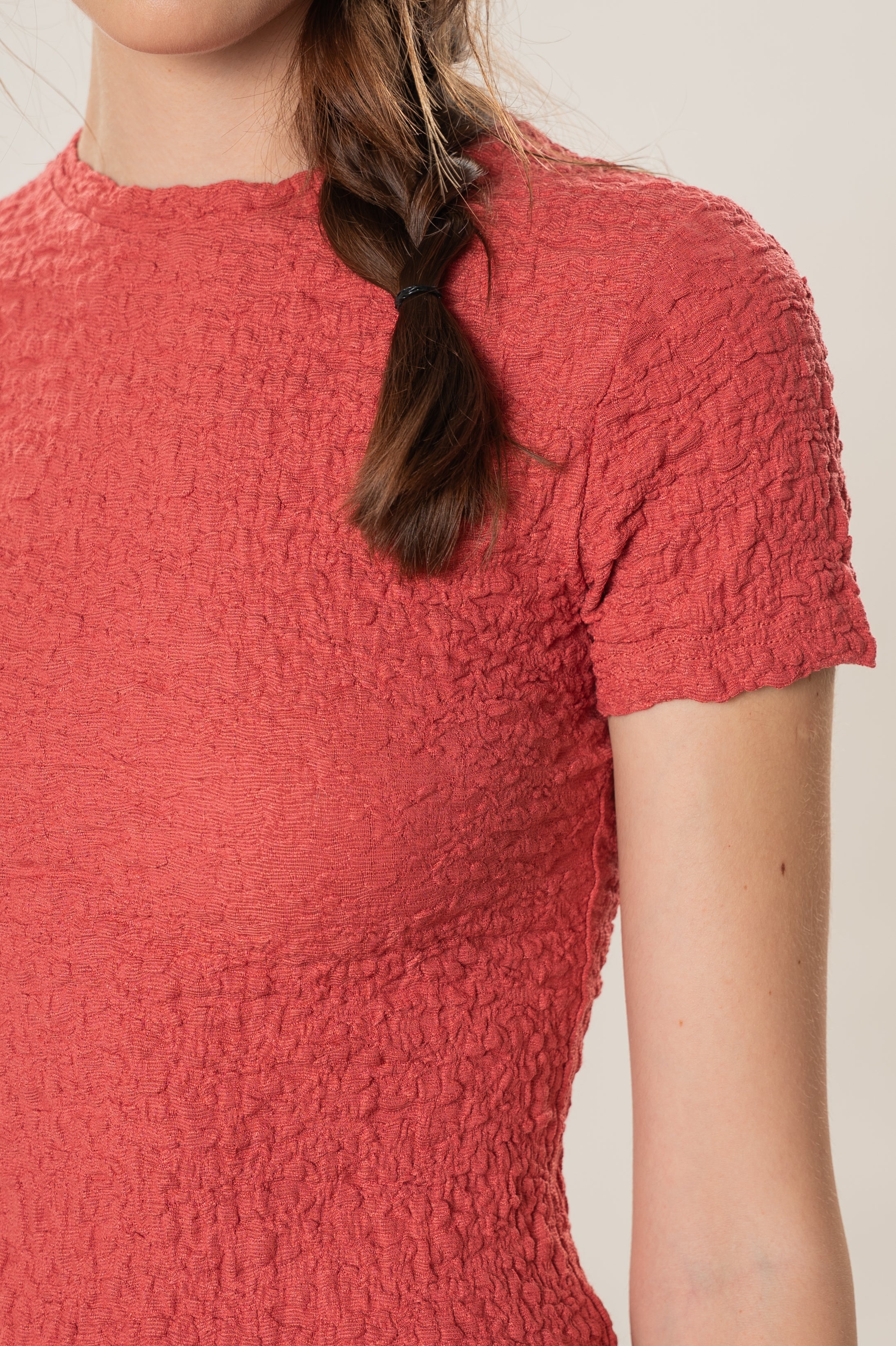 Textured Shirred Tee in Coral Red
