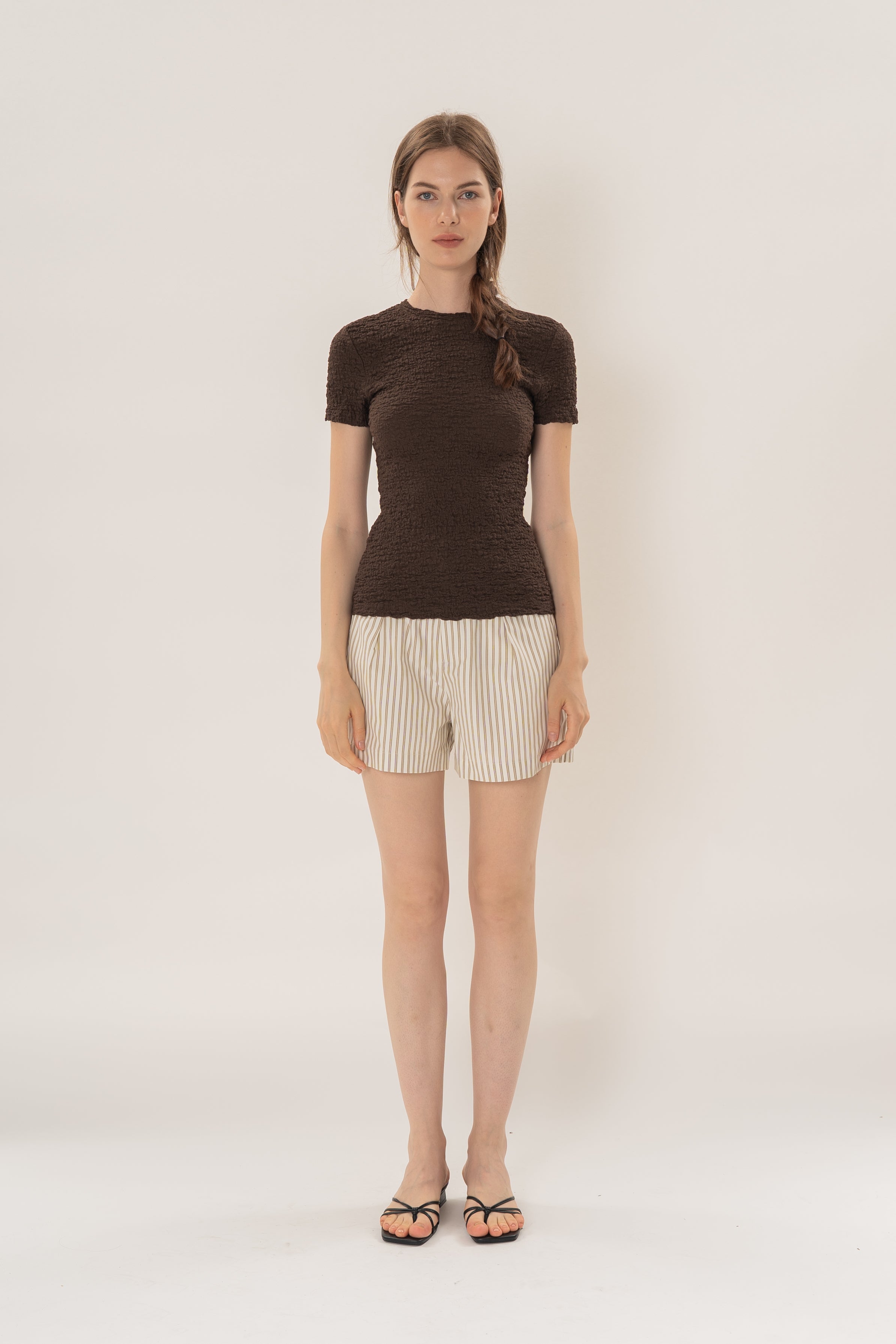 Textured Shirred Tee in Dark Brown