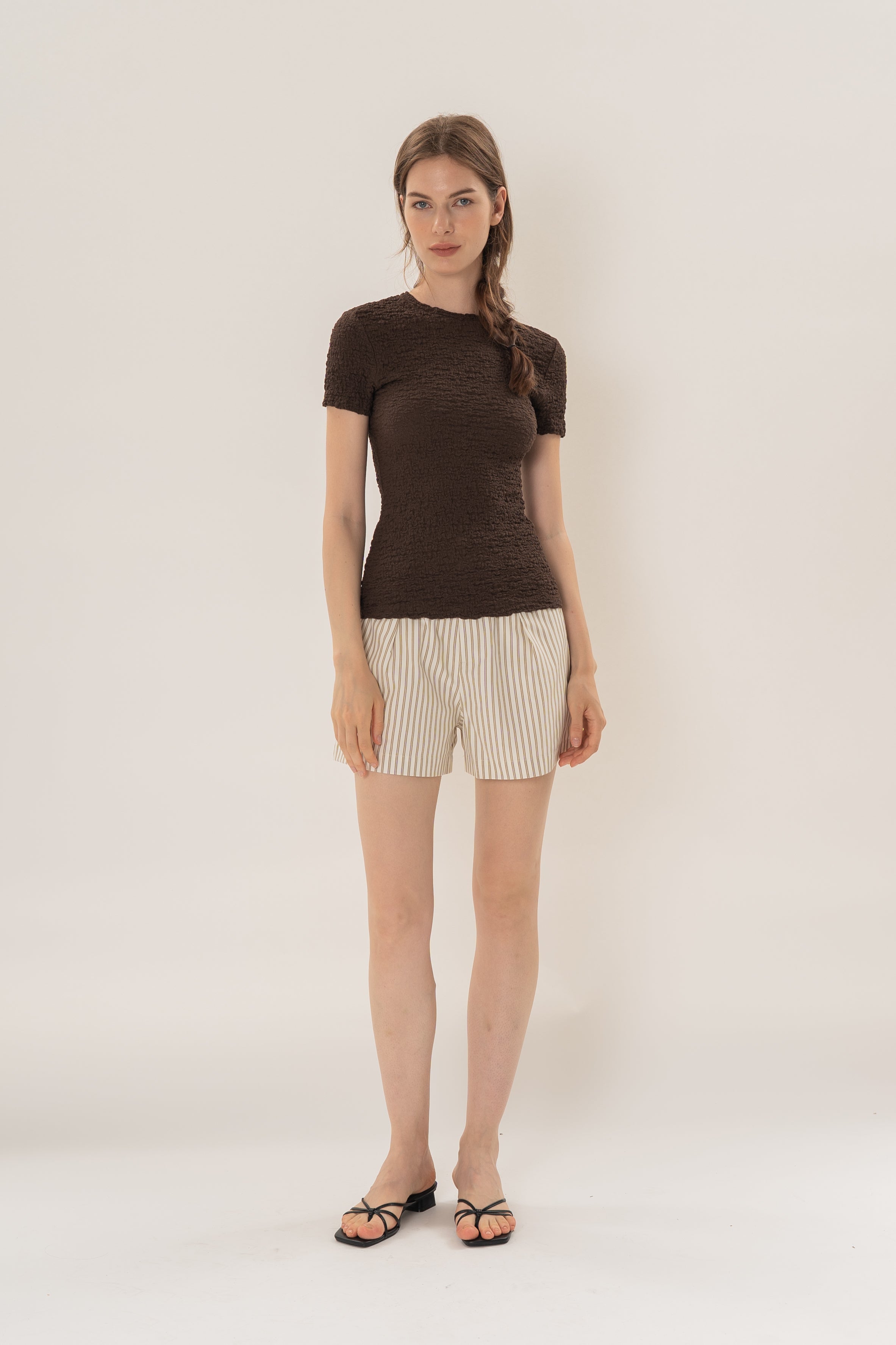 Textured Shirred Tee in Dark Brown