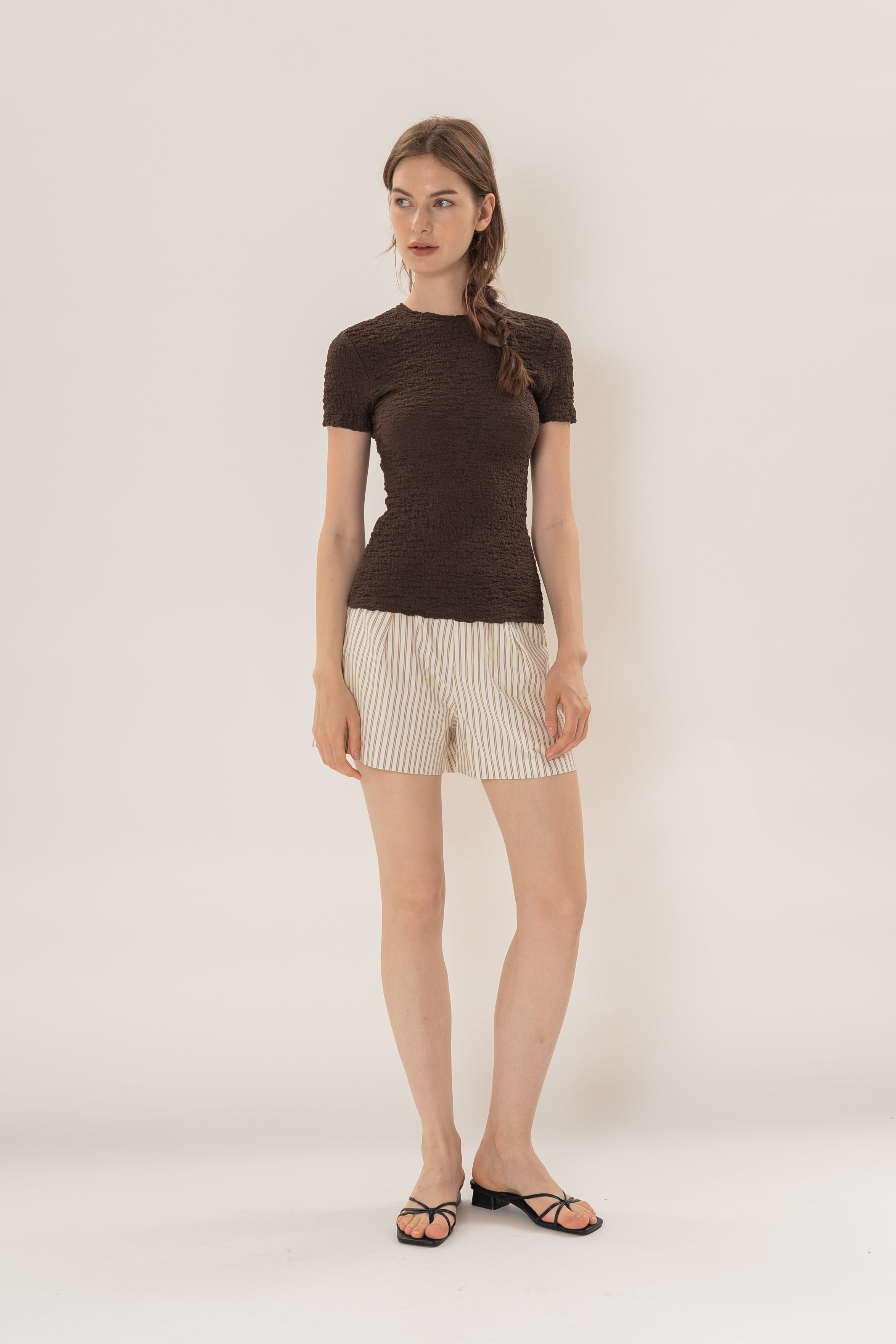 Textured Shirred Tee in Dark Brown