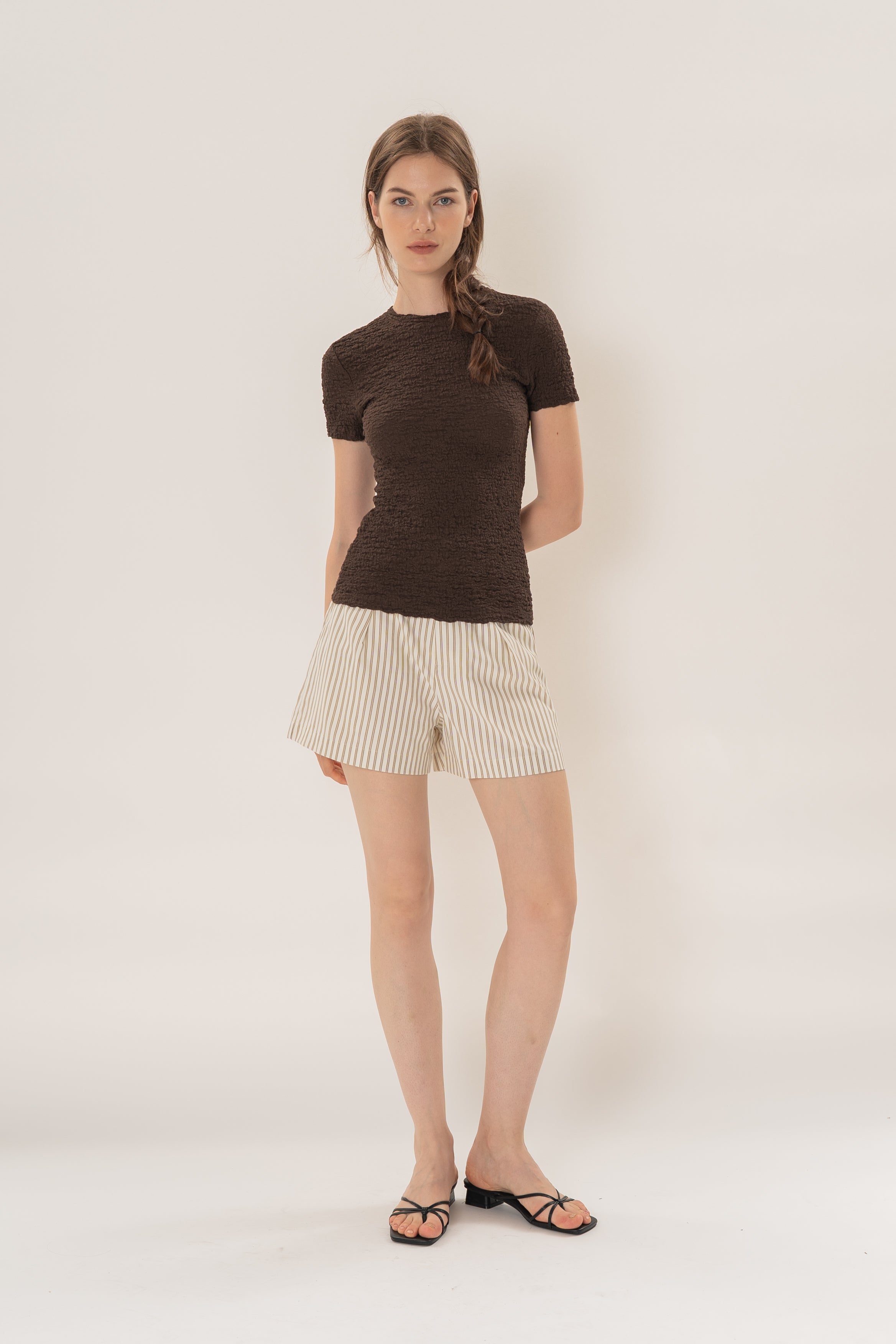 Textured Shirred Tee in Dark Brown