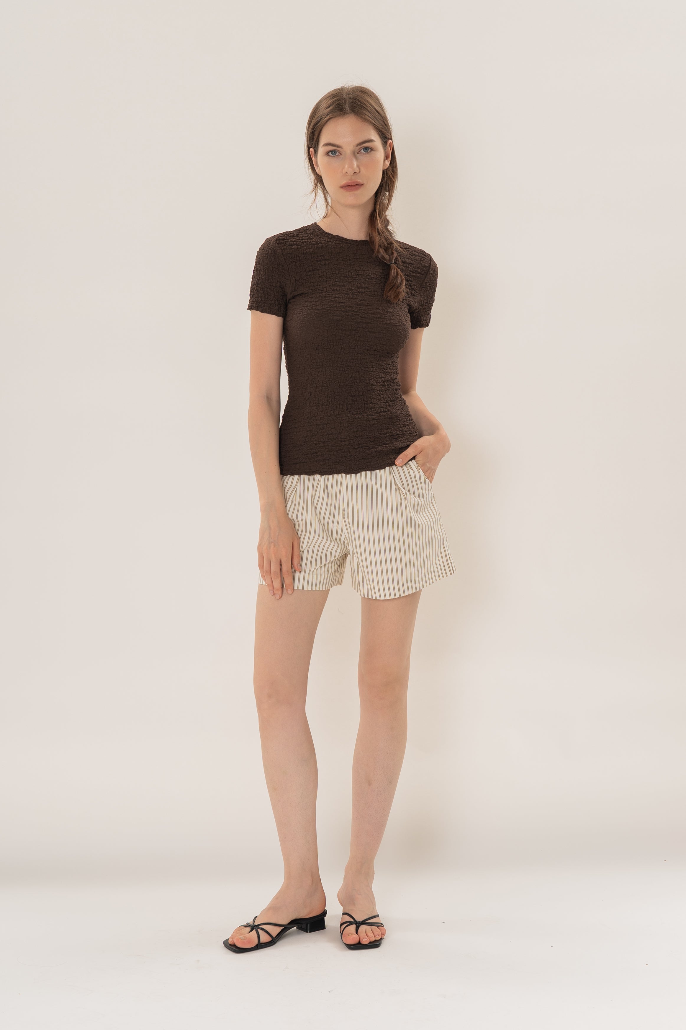 Textured Shirred Tee in Dark Brown