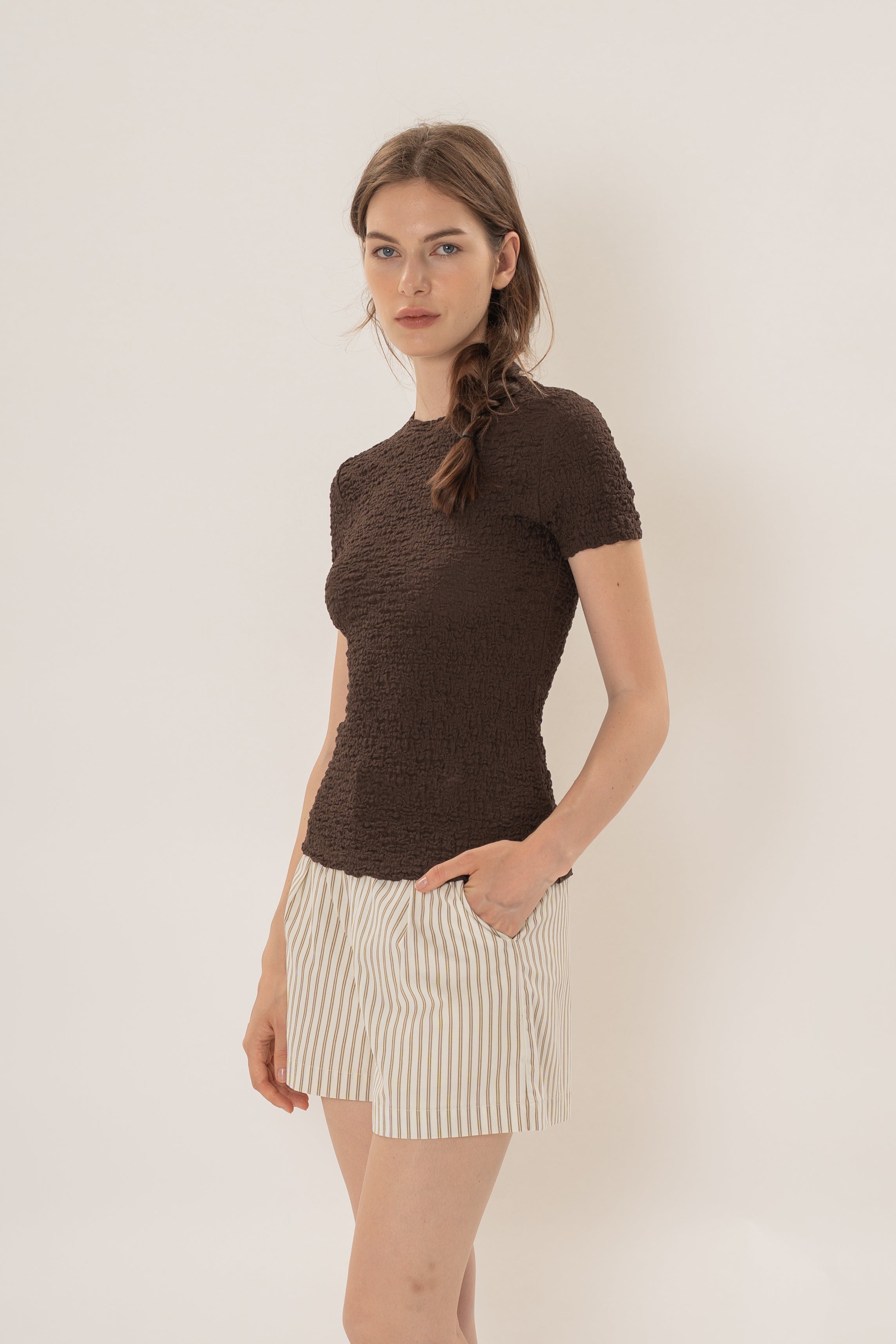 Textured Shirred Tee in Dark Brown