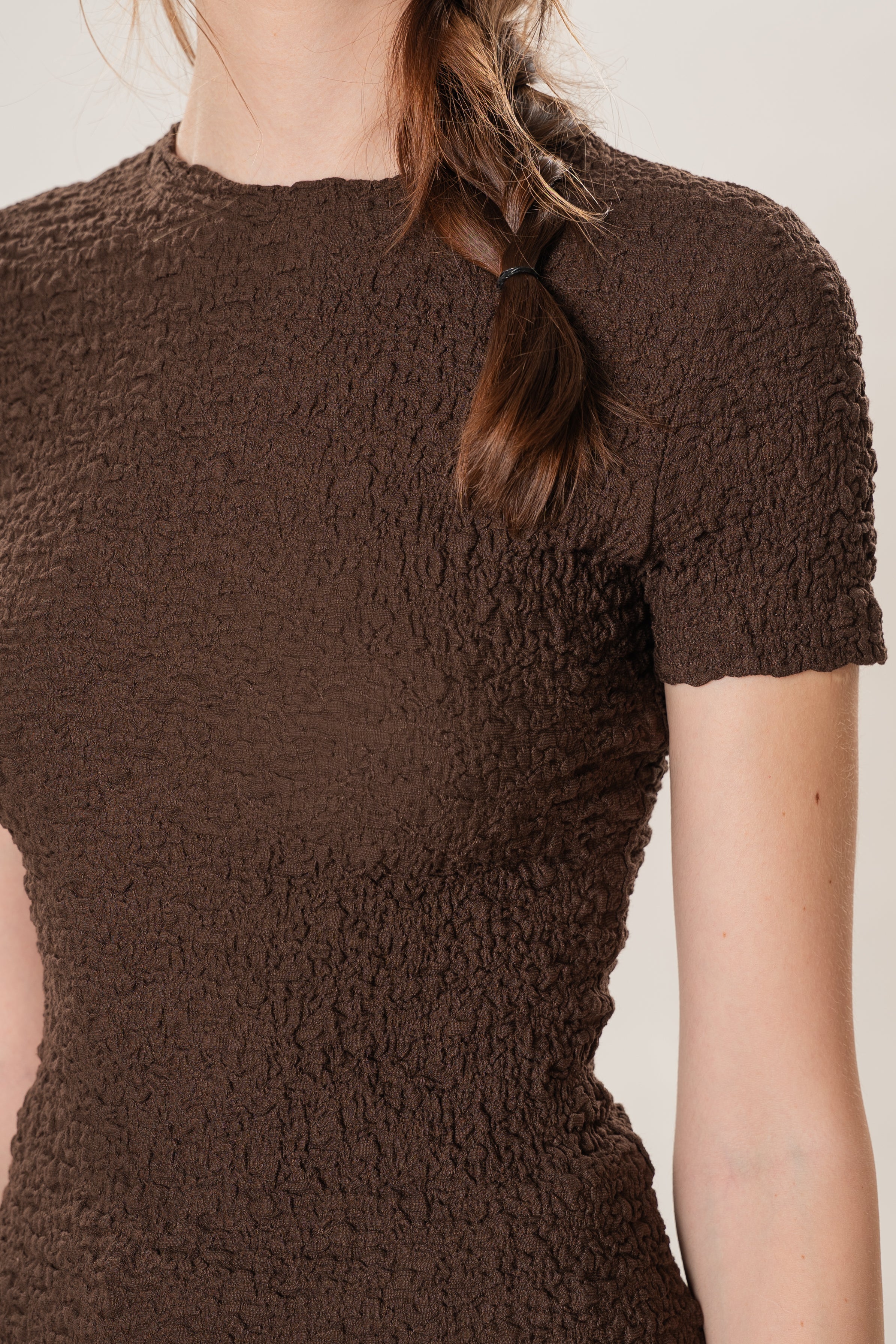 Textured Shirred Tee in Dark Brown