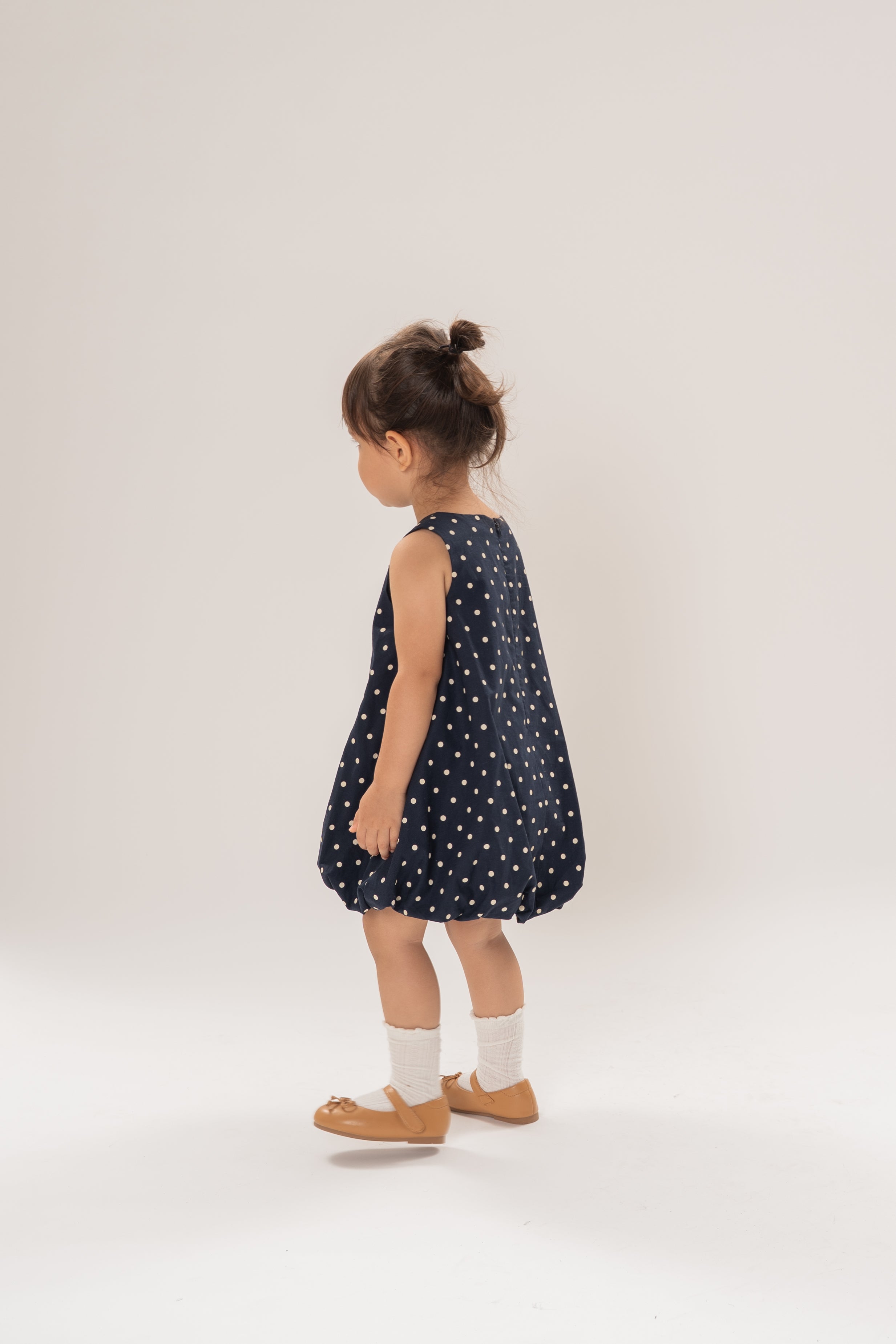 Mini Bubble Hem A-Line Dress in Polka Dot Navy
