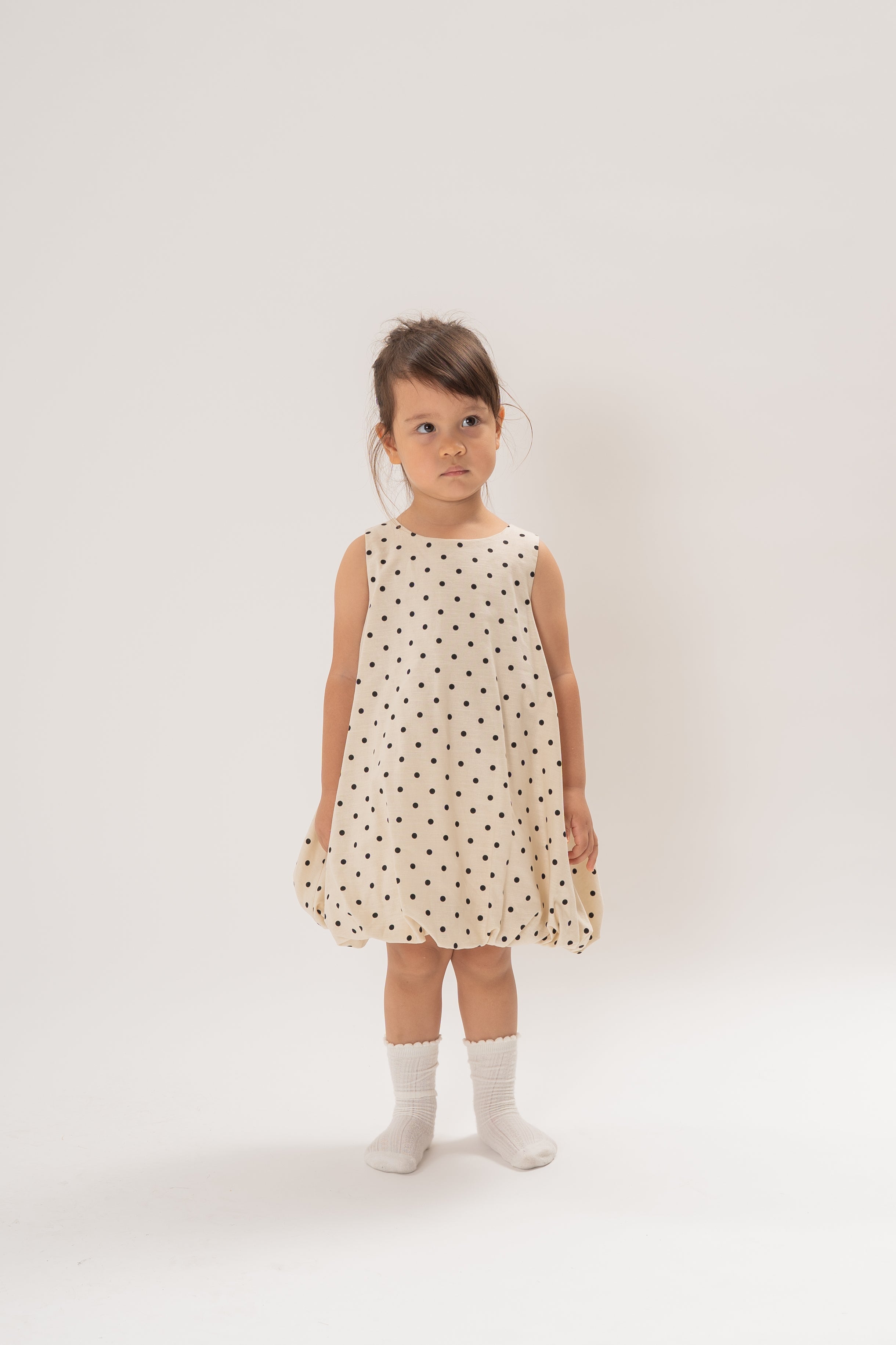 Mini Bubble Hem A-Line Dress in Polka Dot Ivory
