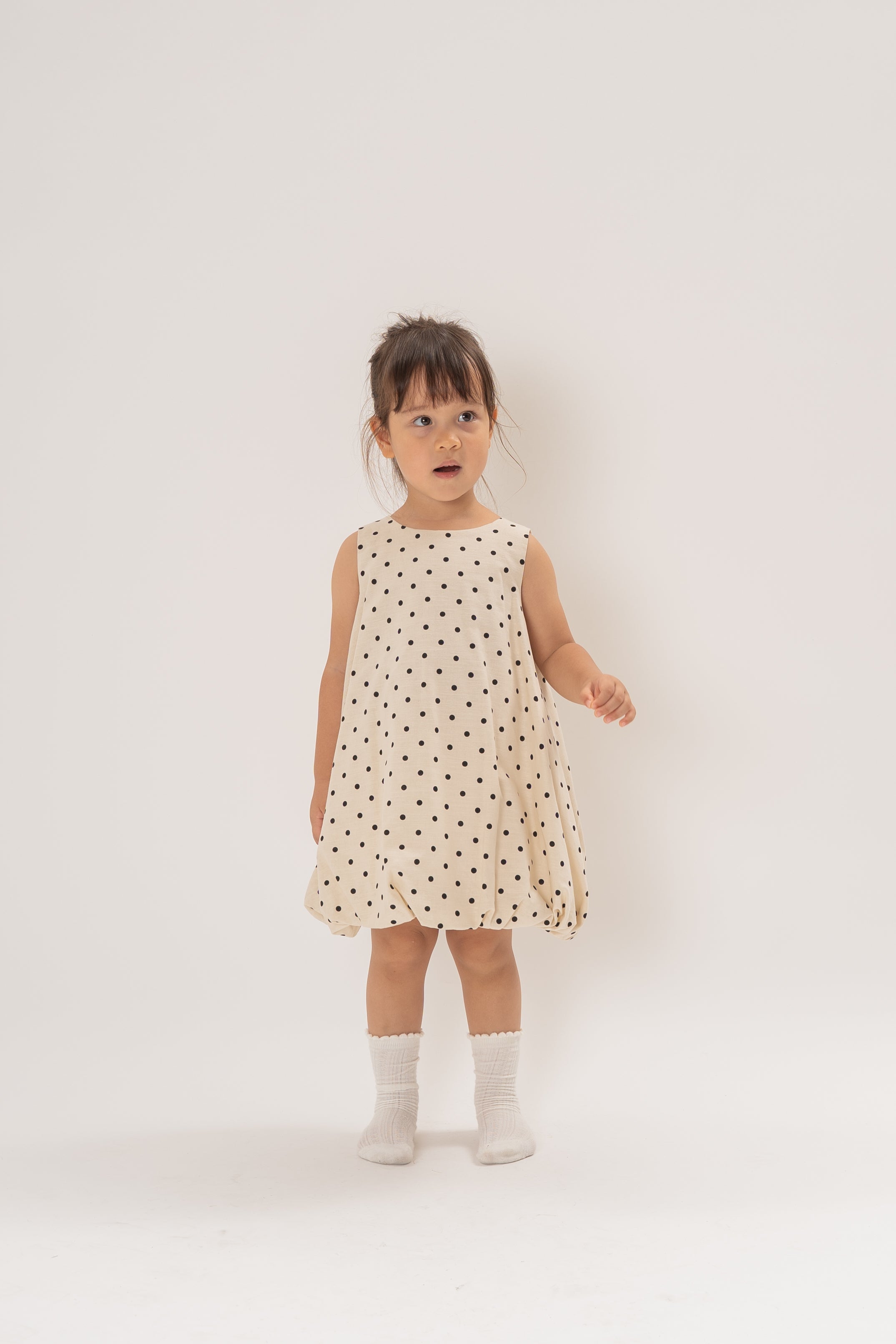 Mini Bubble Hem A-Line Dress in Polka Dot Ivory