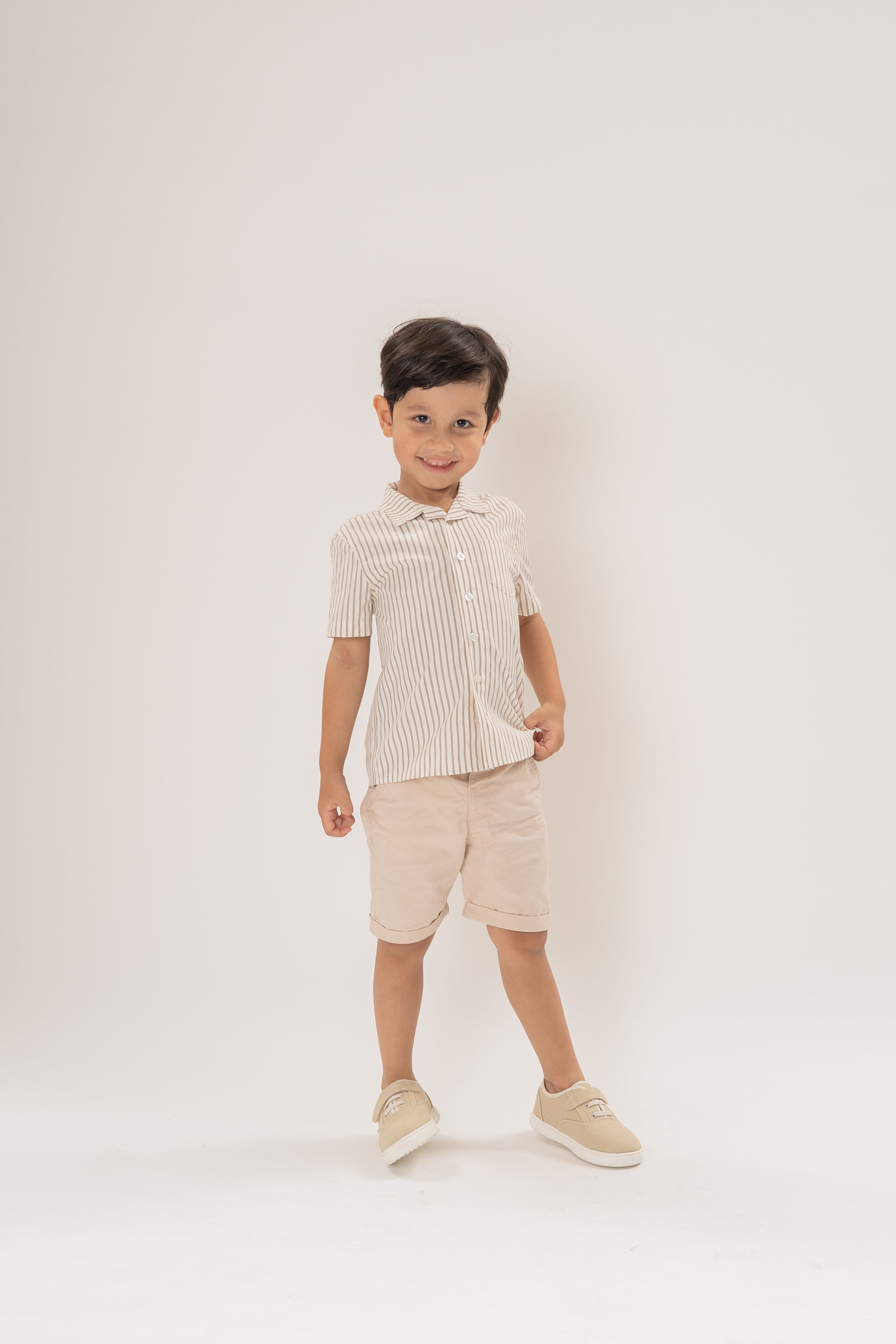 Mini Short Sleeve Pocket Shirt in Tan Stripe