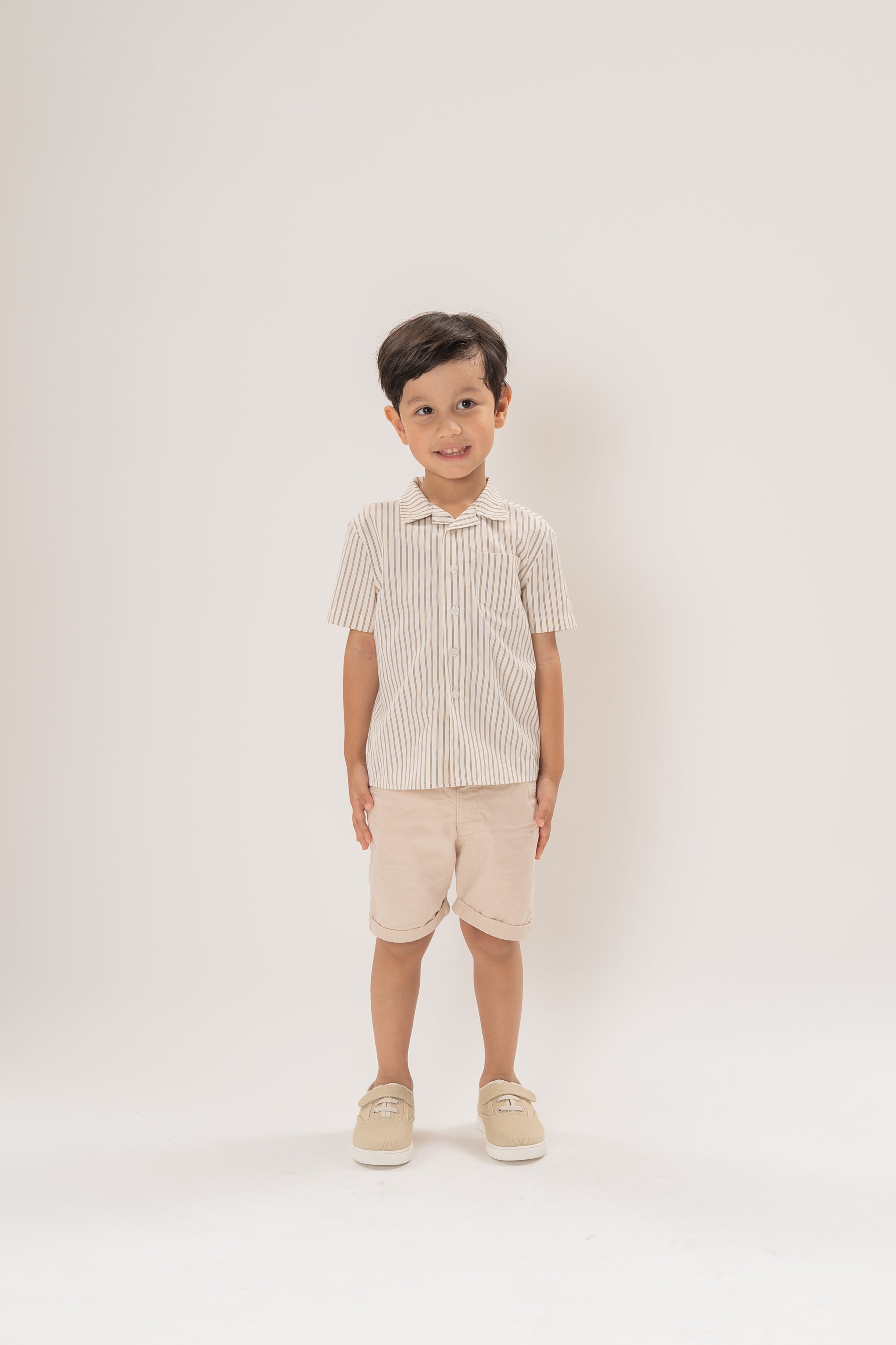 Mini Short Sleeve Pocket Shirt in Tan Stripe