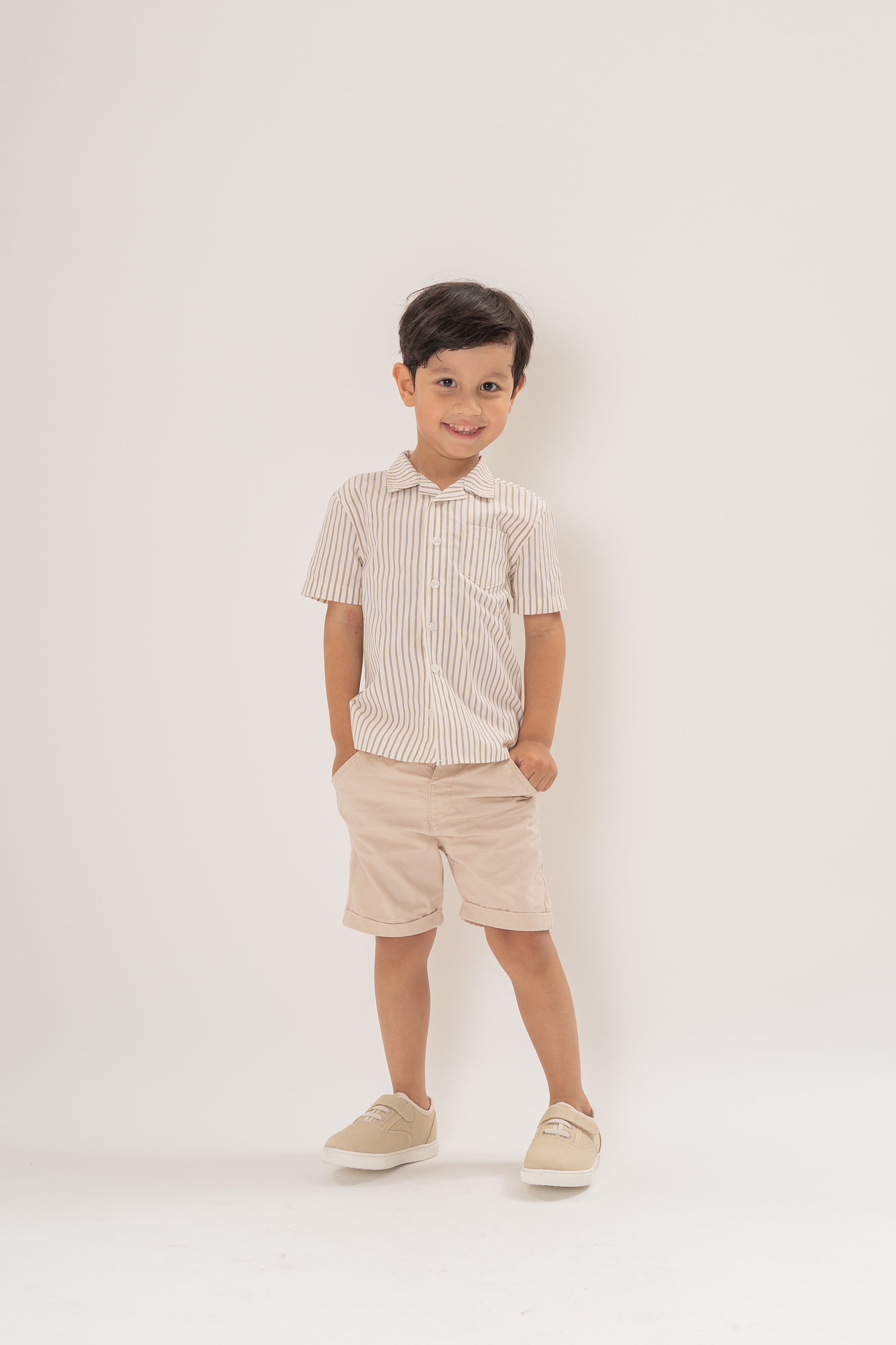 Mini Short Sleeve Pocket Shirt in Tan Stripe