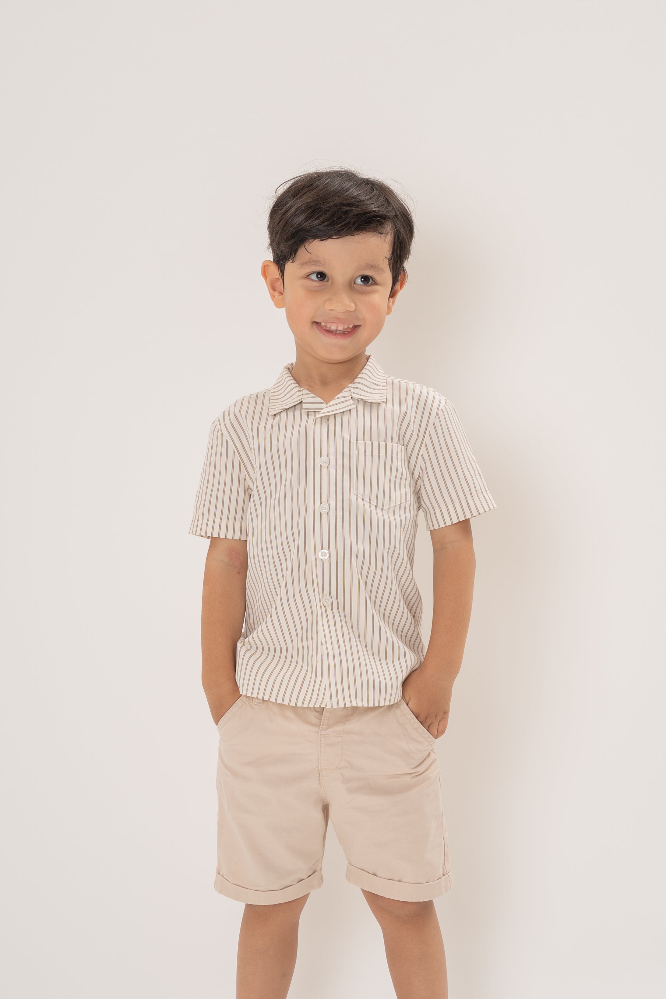 Mini Short Sleeve Pocket Shirt in Tan Stripe