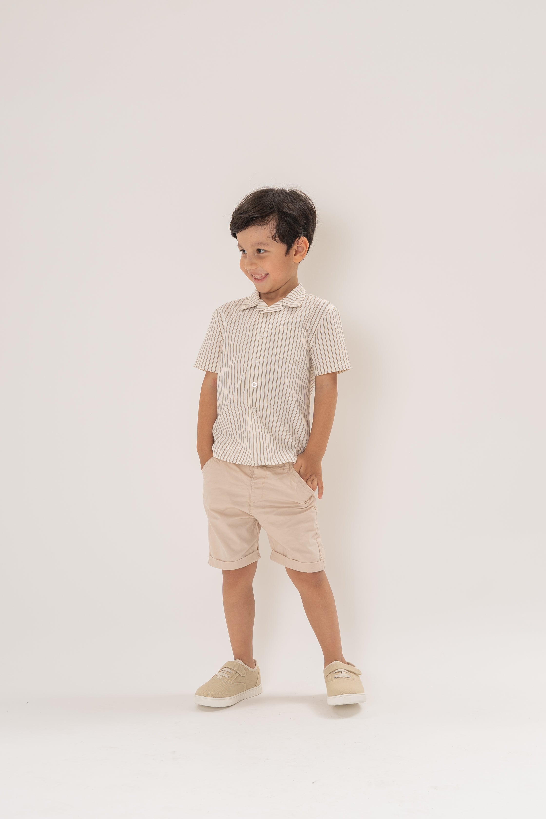 Mini Short Sleeve Pocket Shirt in Tan Stripe