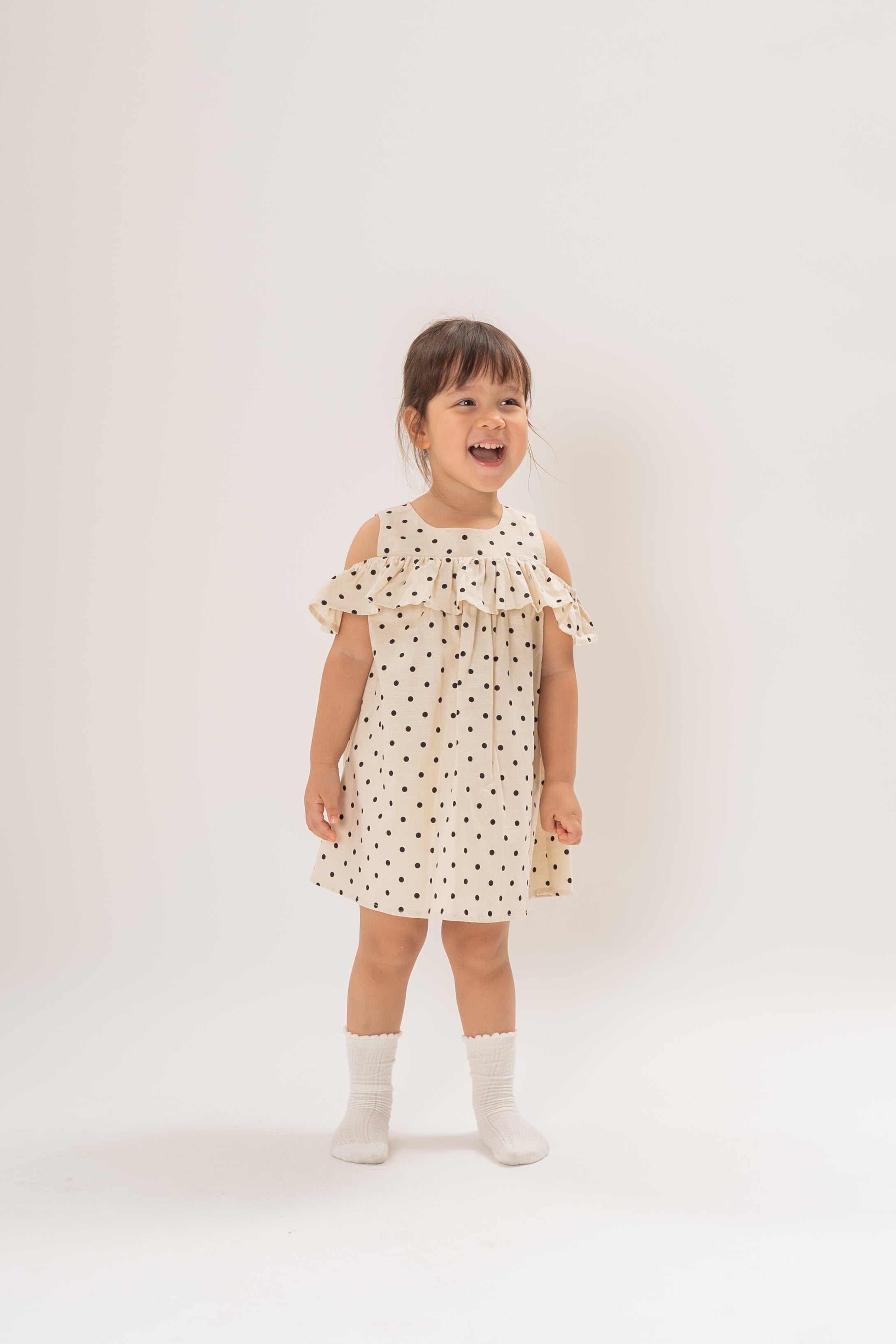 Mini Gathered Dress With Shoulder Detailing in Polka Dot Ivory