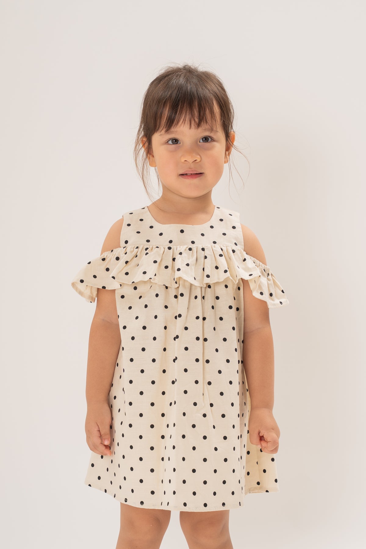 Mini Gathered Dress With Shoulder Detailing in Polka Dot Ivory
