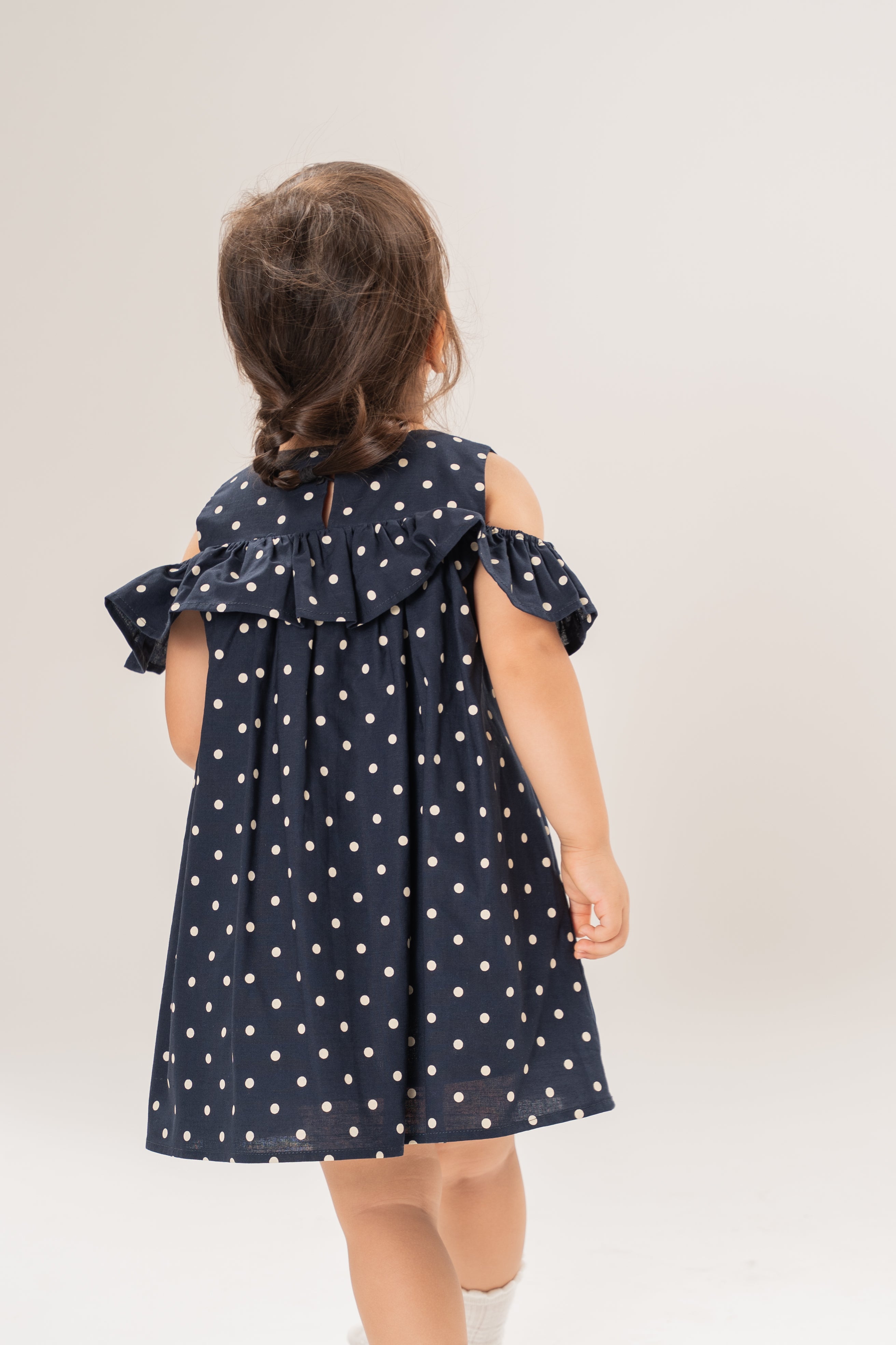 Mini Gathered Dress With Shoulder Detailing in Polka Dot Navy