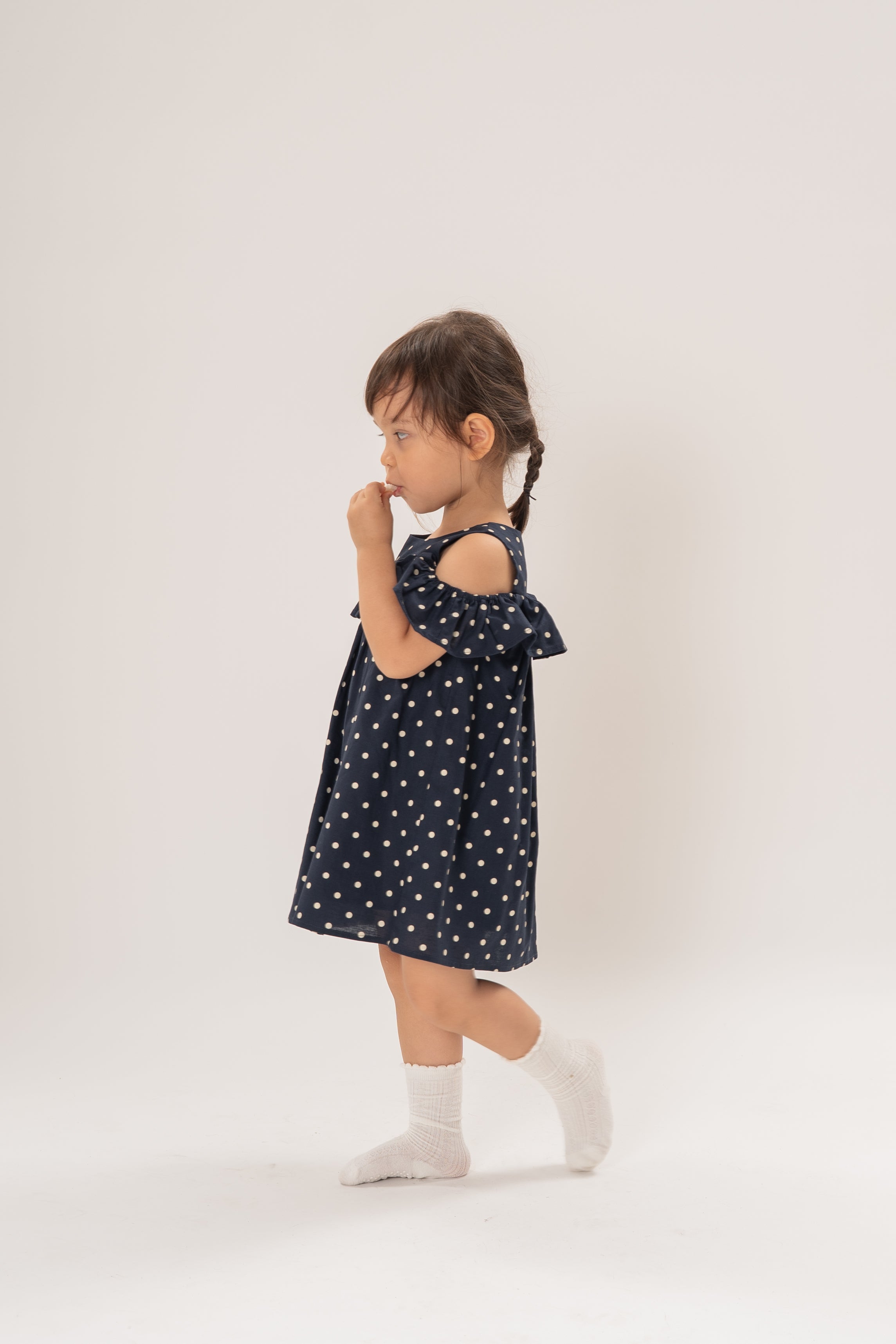 Mini Gathered Dress With Shoulder Detailing in Polka Dot Navy
