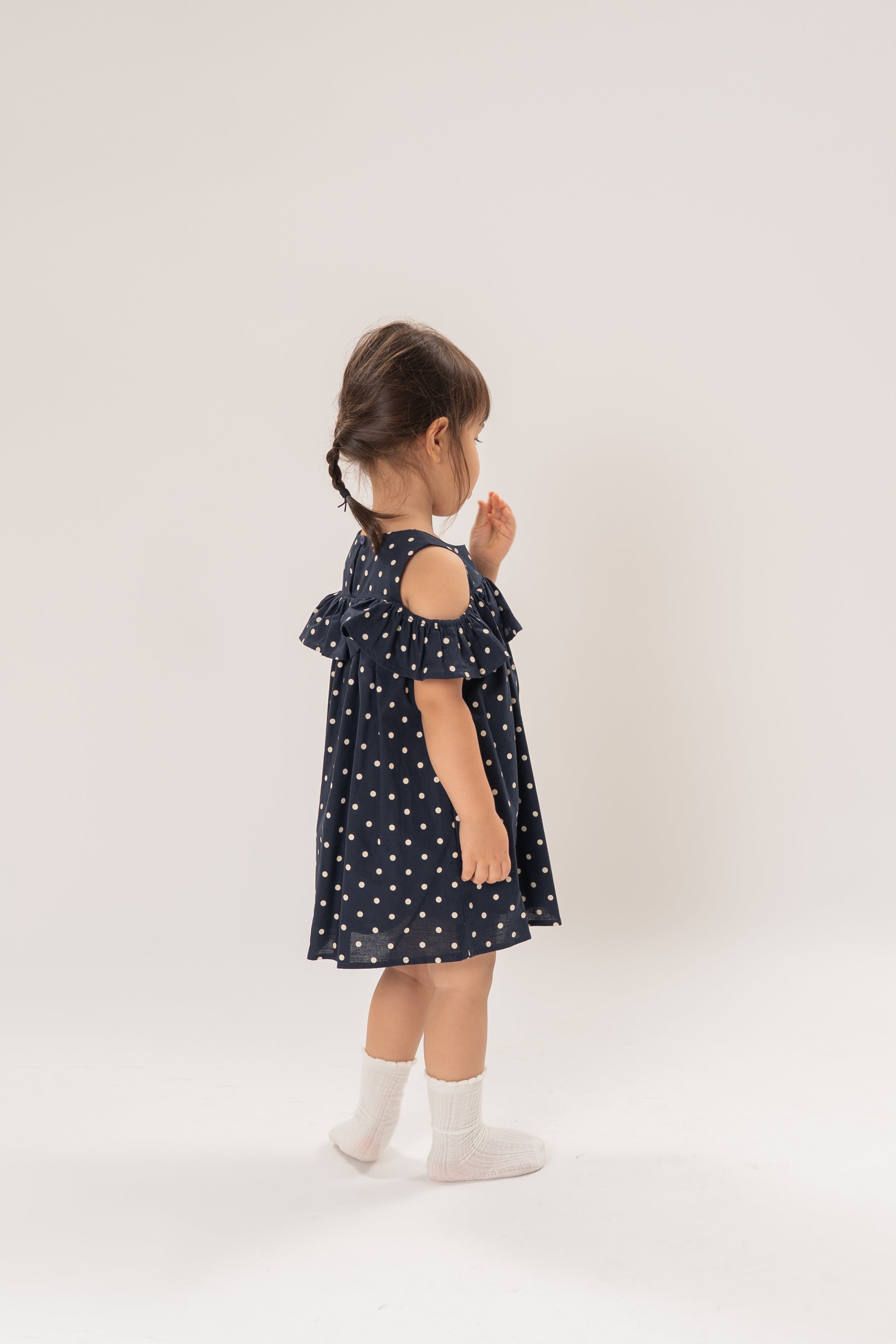 Mini Gathered Dress With Shoulder Detailing in Polka Dot Navy