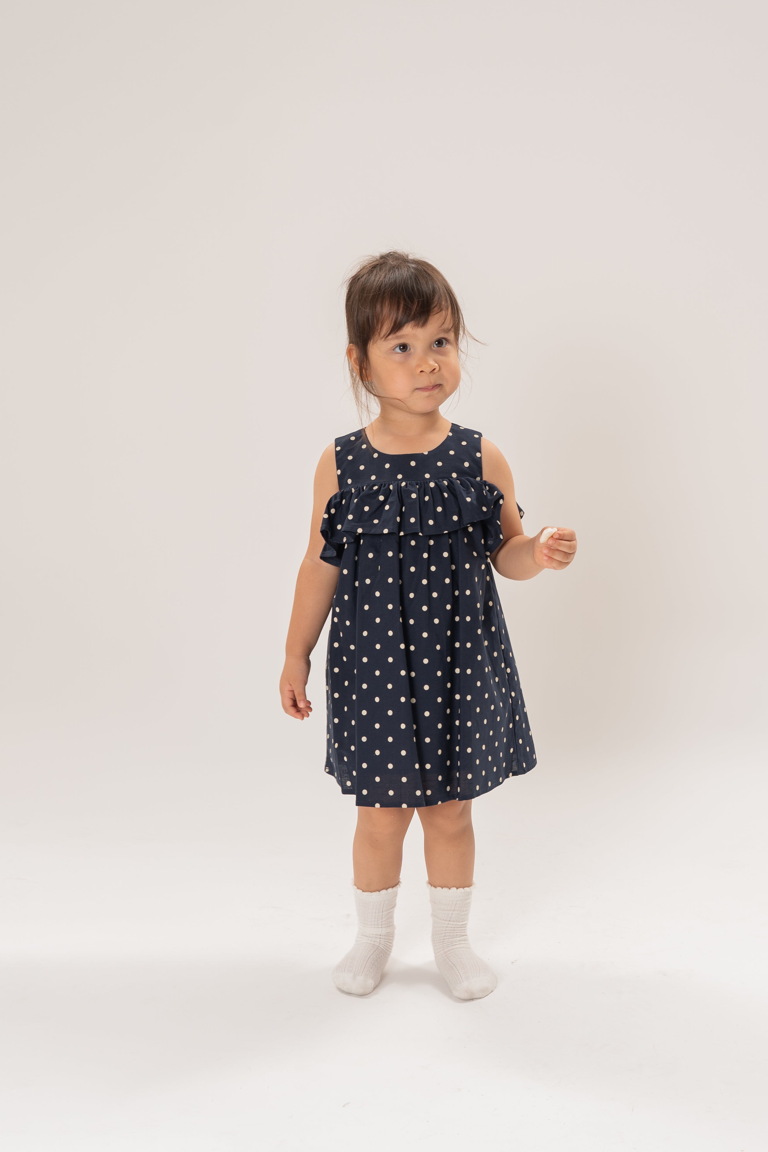 Mini Gathered Dress With Shoulder Detailing in Polka Dot Navy