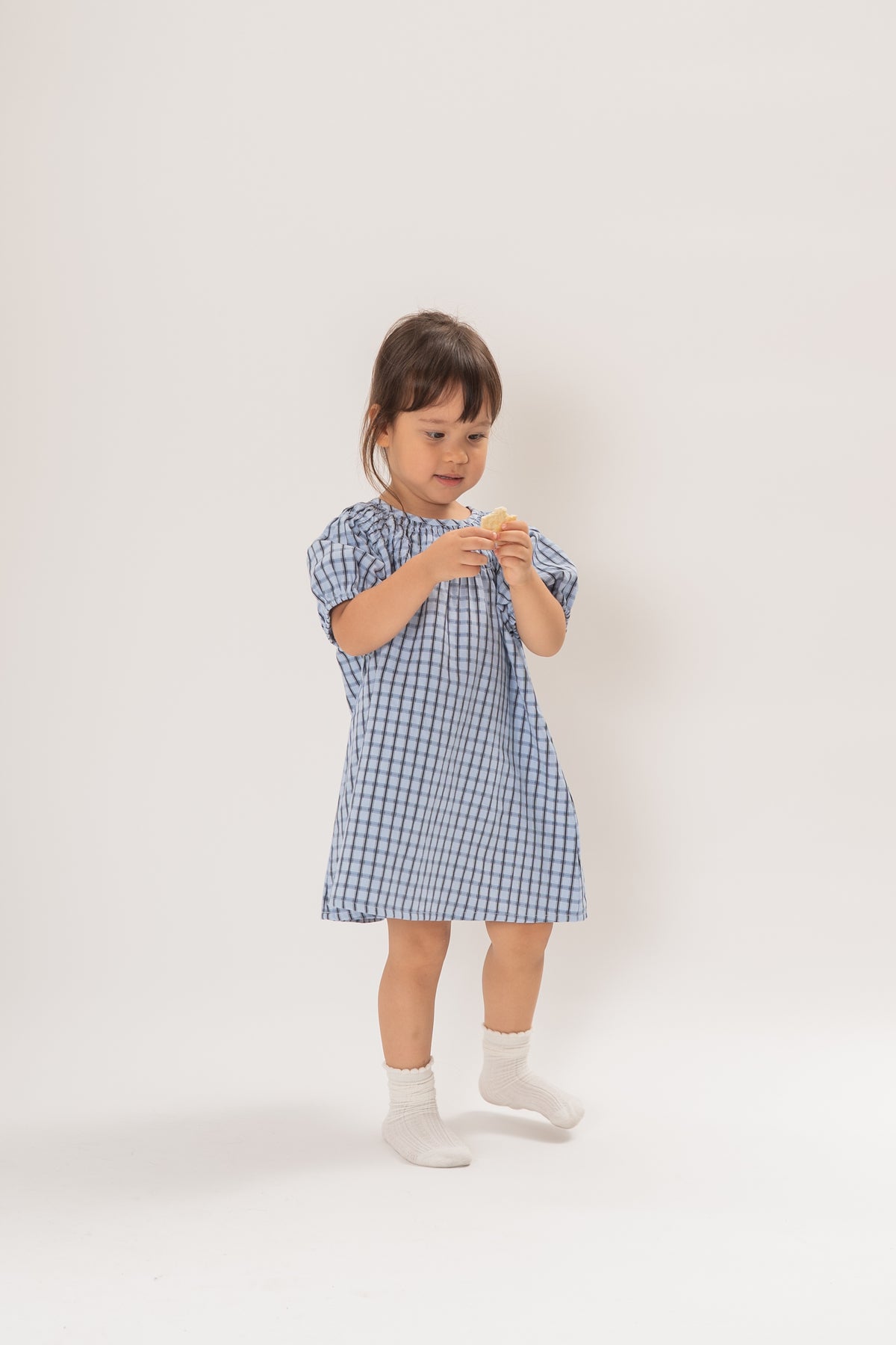 Mini Puffed Sleeve Shirred Neckline Dress in Ocean Blue Gingham