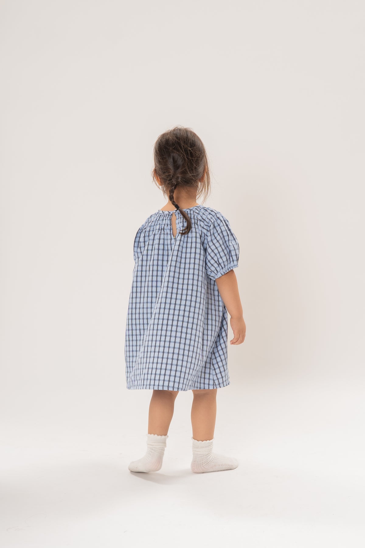 Mini Puffed Sleeve Shirred Neckline Dress in Ocean Blue Gingham