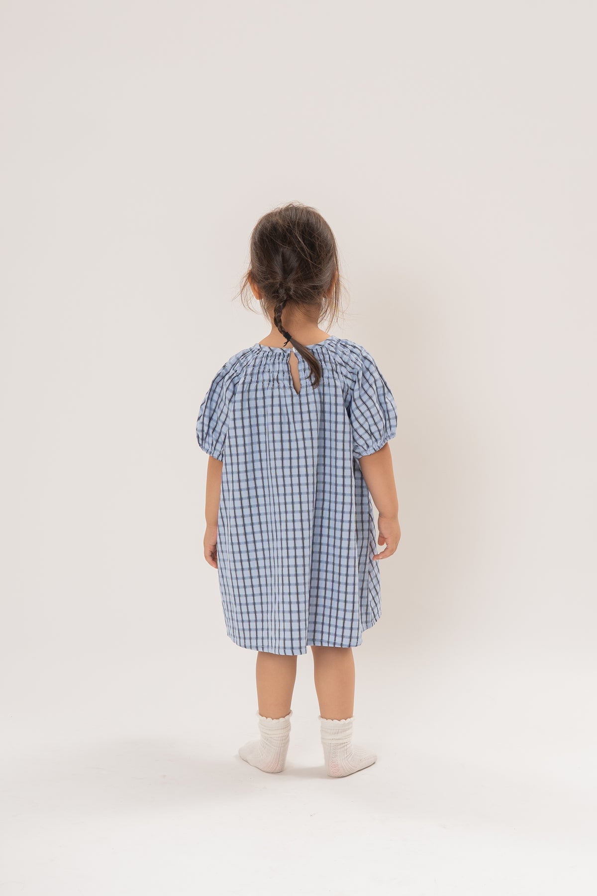 Mini Puffed Sleeve Shirred Neckline Dress in Ocean Blue Gingham