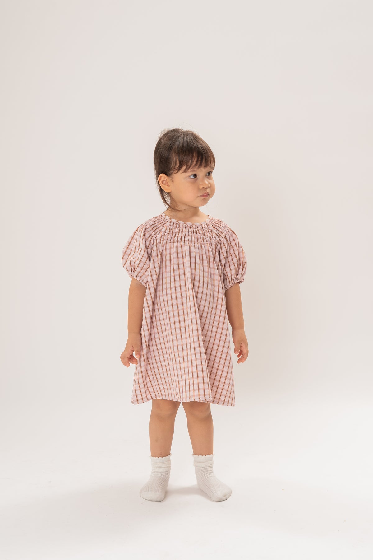 Mini Puffed Sleeve Shirred Neckline Dress in Rosewood Gingham