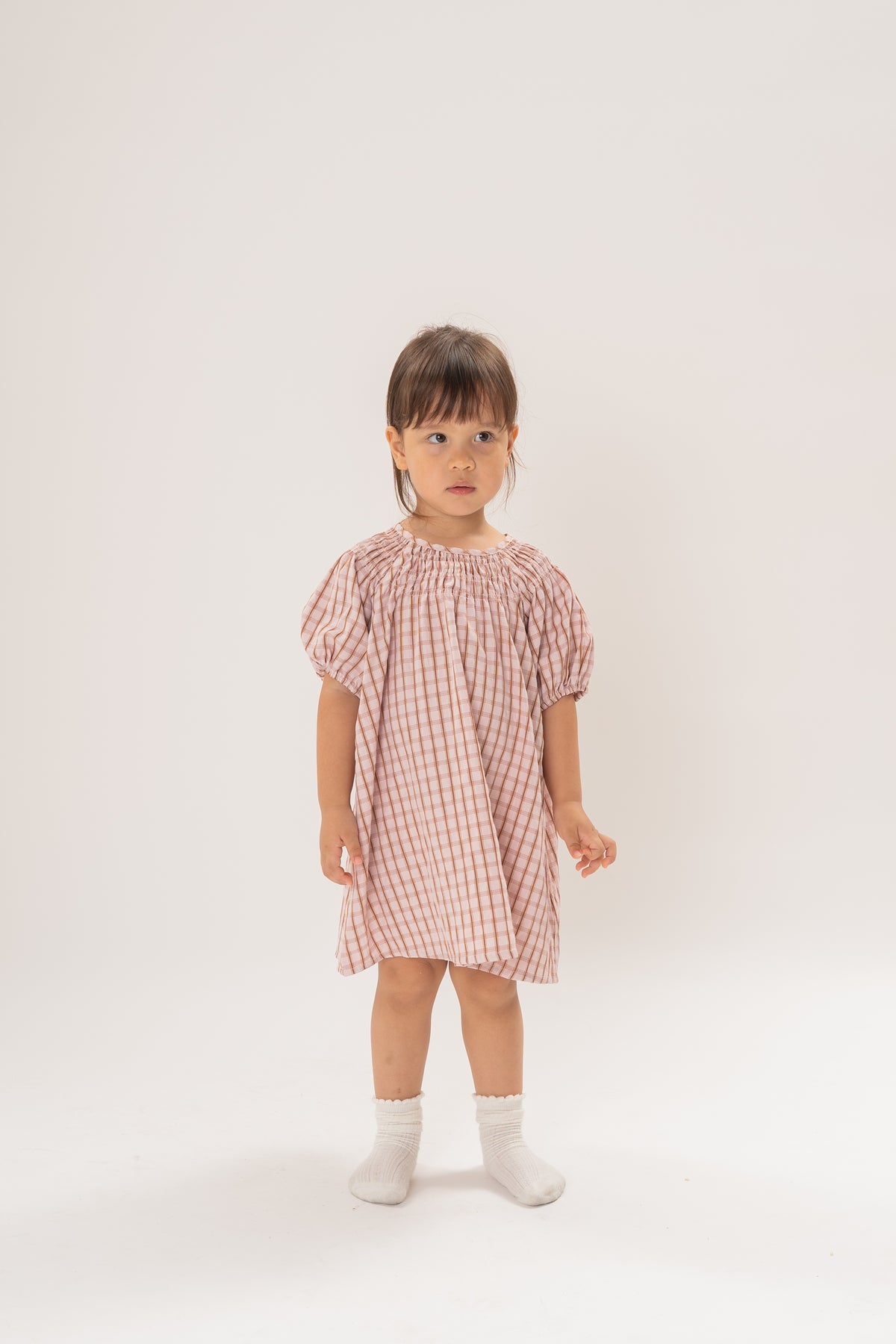 Mini Puffed Sleeve Shirred Neckline Dress in Rosewood Gingham