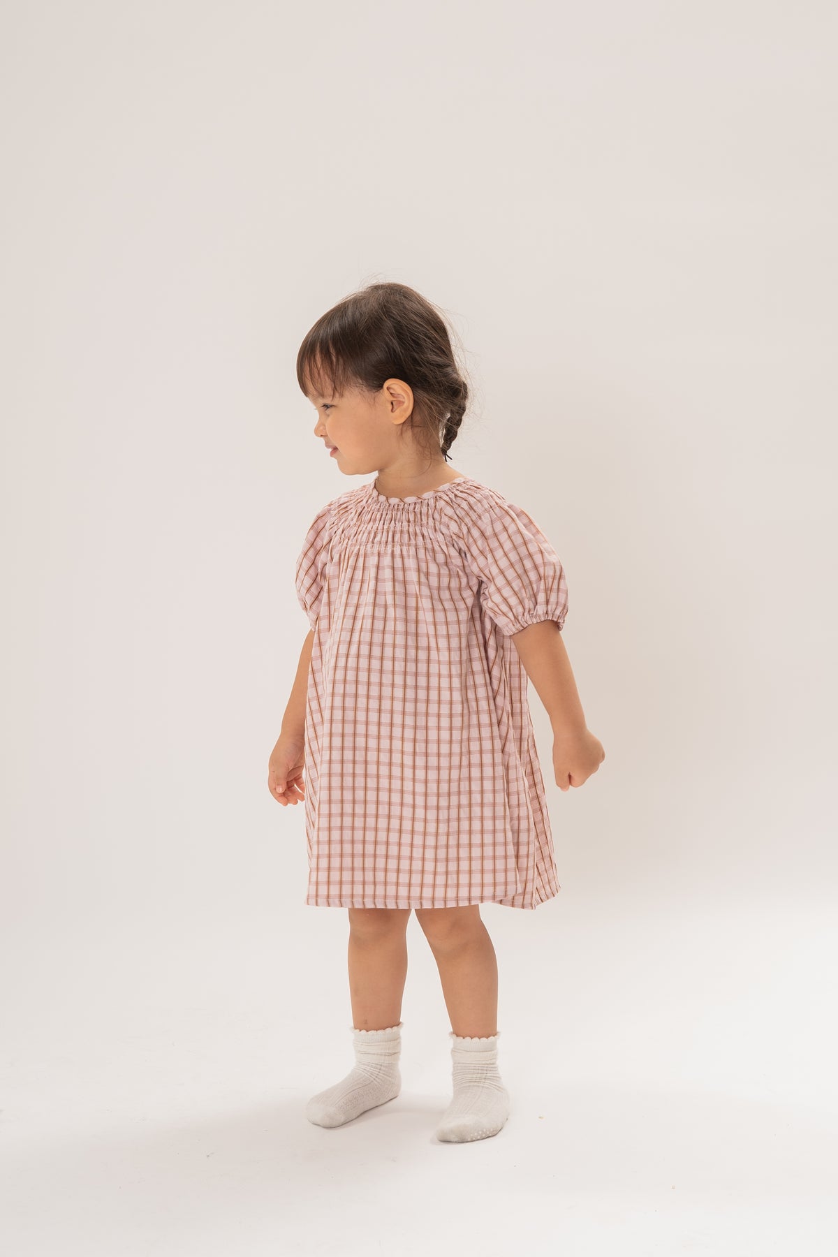 Mini Puffed Sleeve Shirred Neckline Dress in Rosewood Gingham