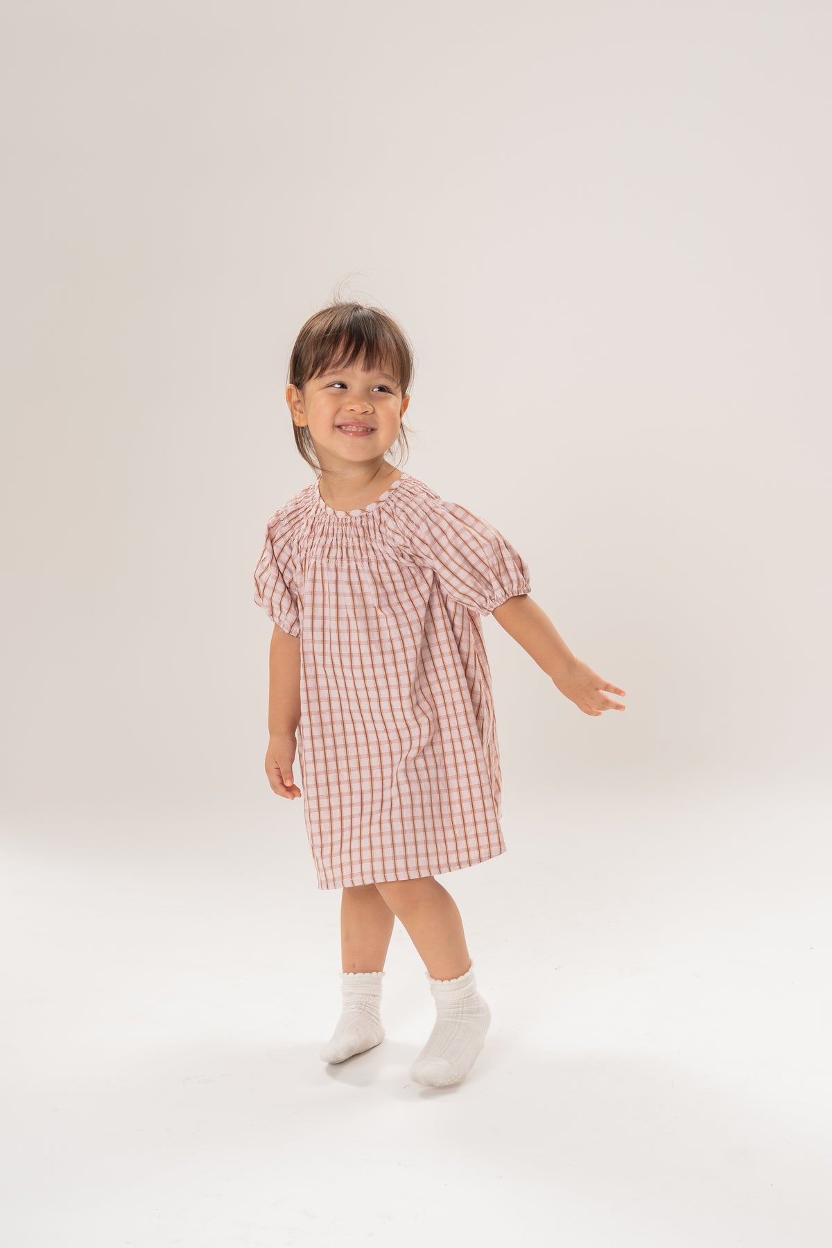 Mini Puffed Sleeve Shirred Neckline Dress in Rosewood Gingham