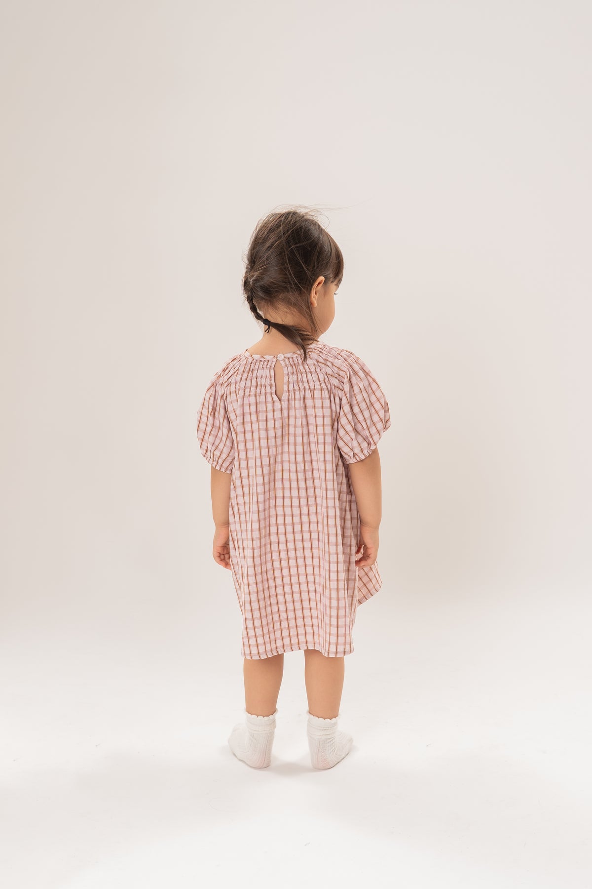 Mini Puffed Sleeve Shirred Neckline Dress in Rosewood Gingham