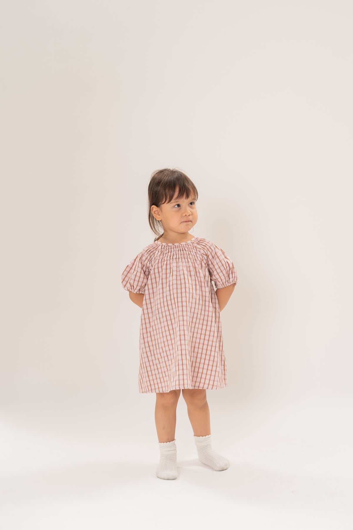 Mini Puffed Sleeve Shirred Neckline Dress in Rosewood Gingham