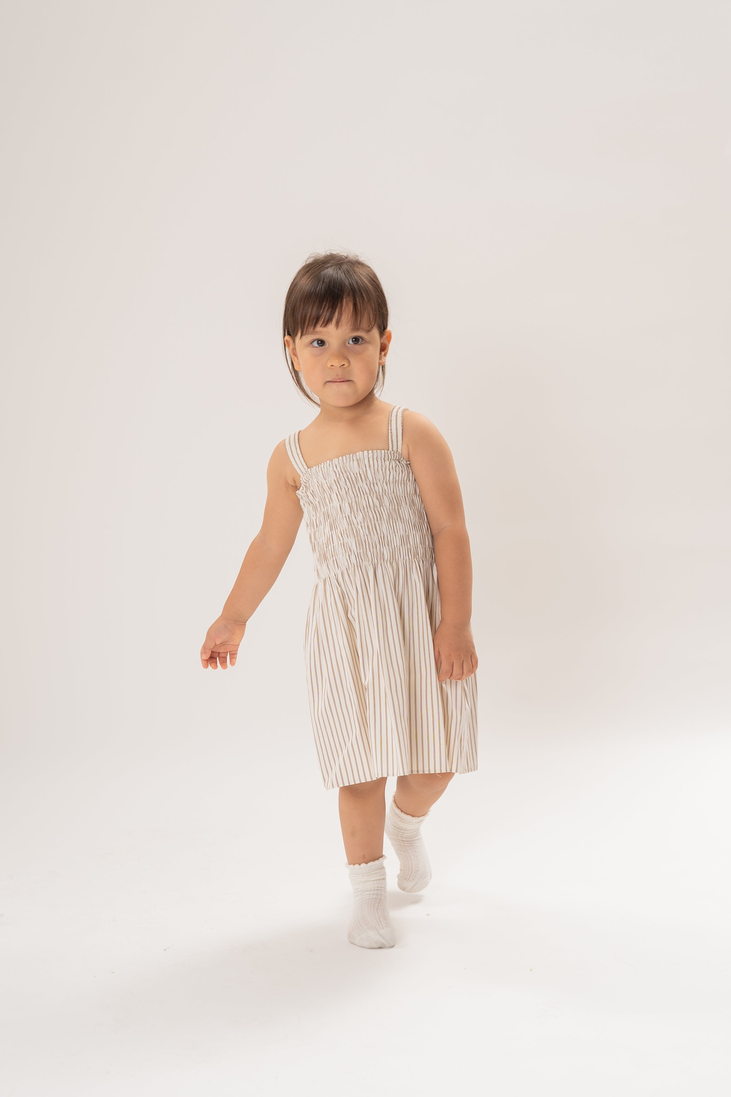 Mini Cami Shirred Dress in Tan Stripe