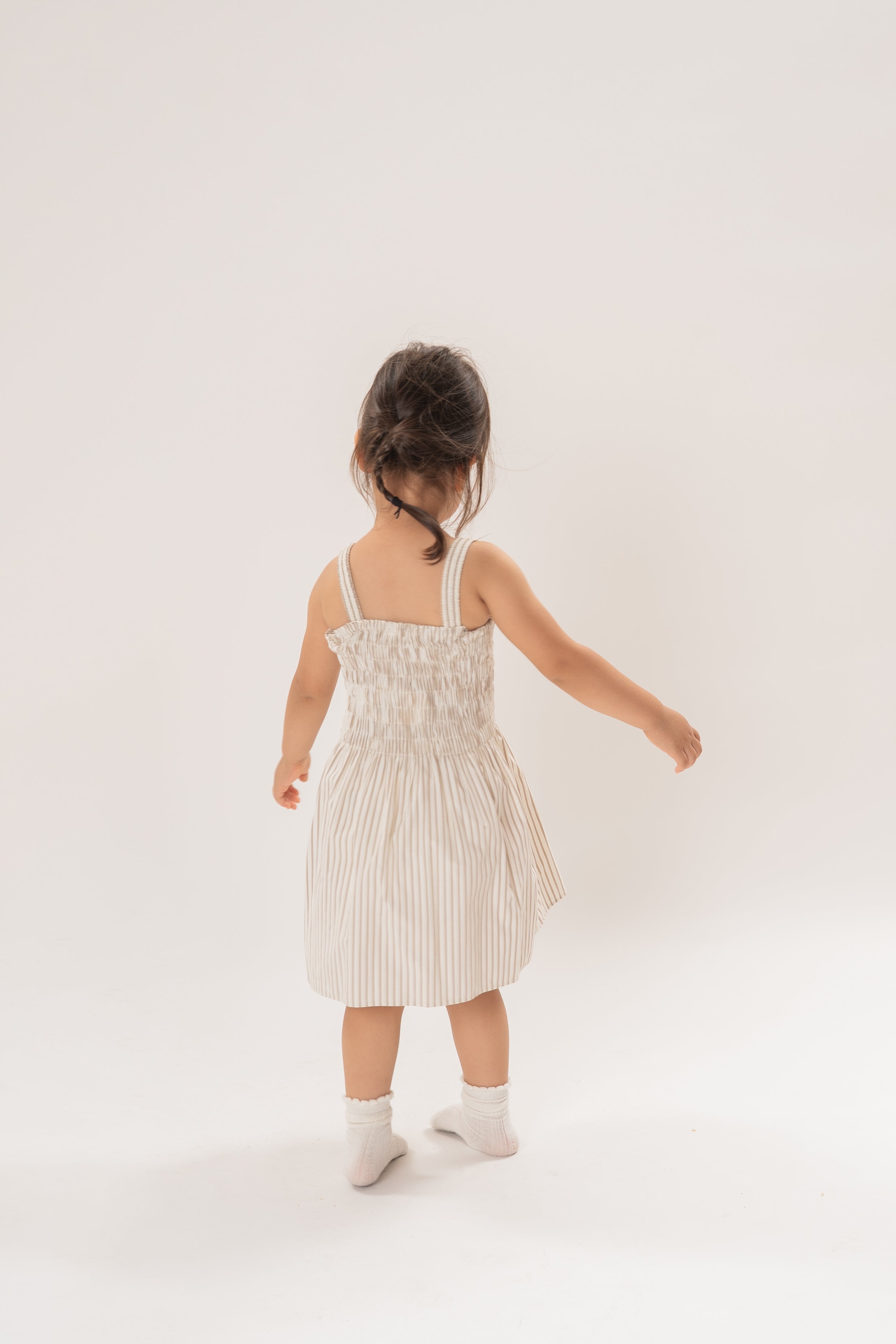 Mini Cami Shirred Dress in Tan Stripe