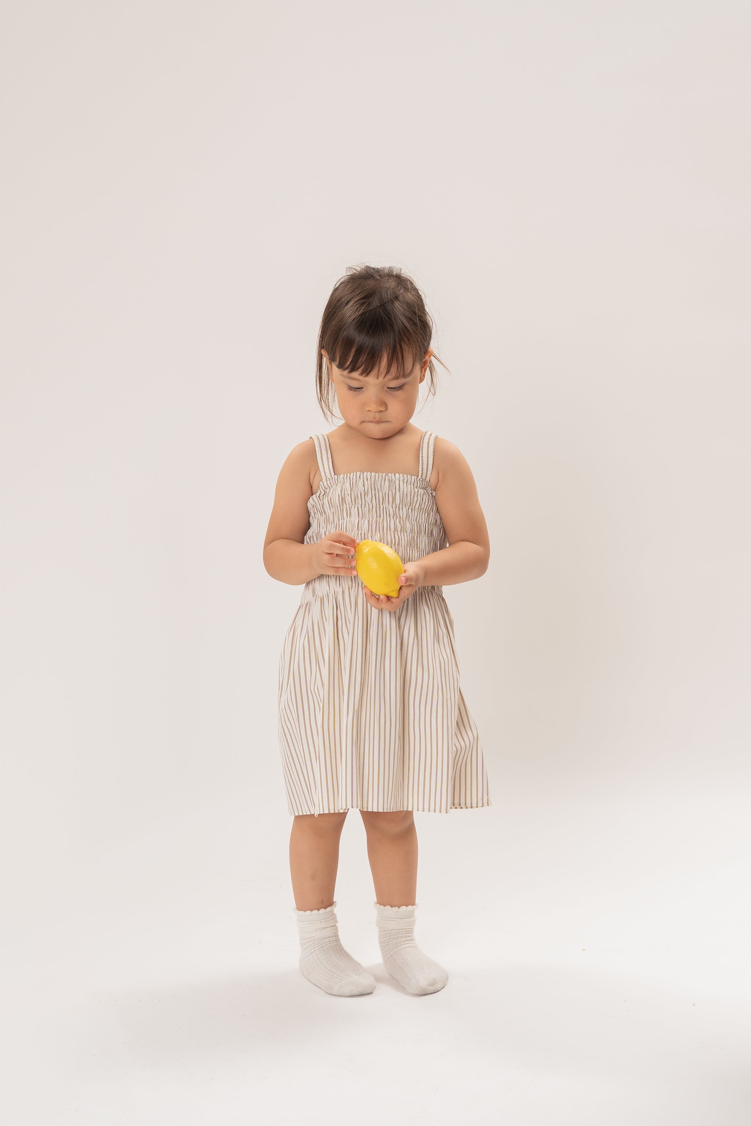 Mini Cami Shirred Dress in Tan Stripe