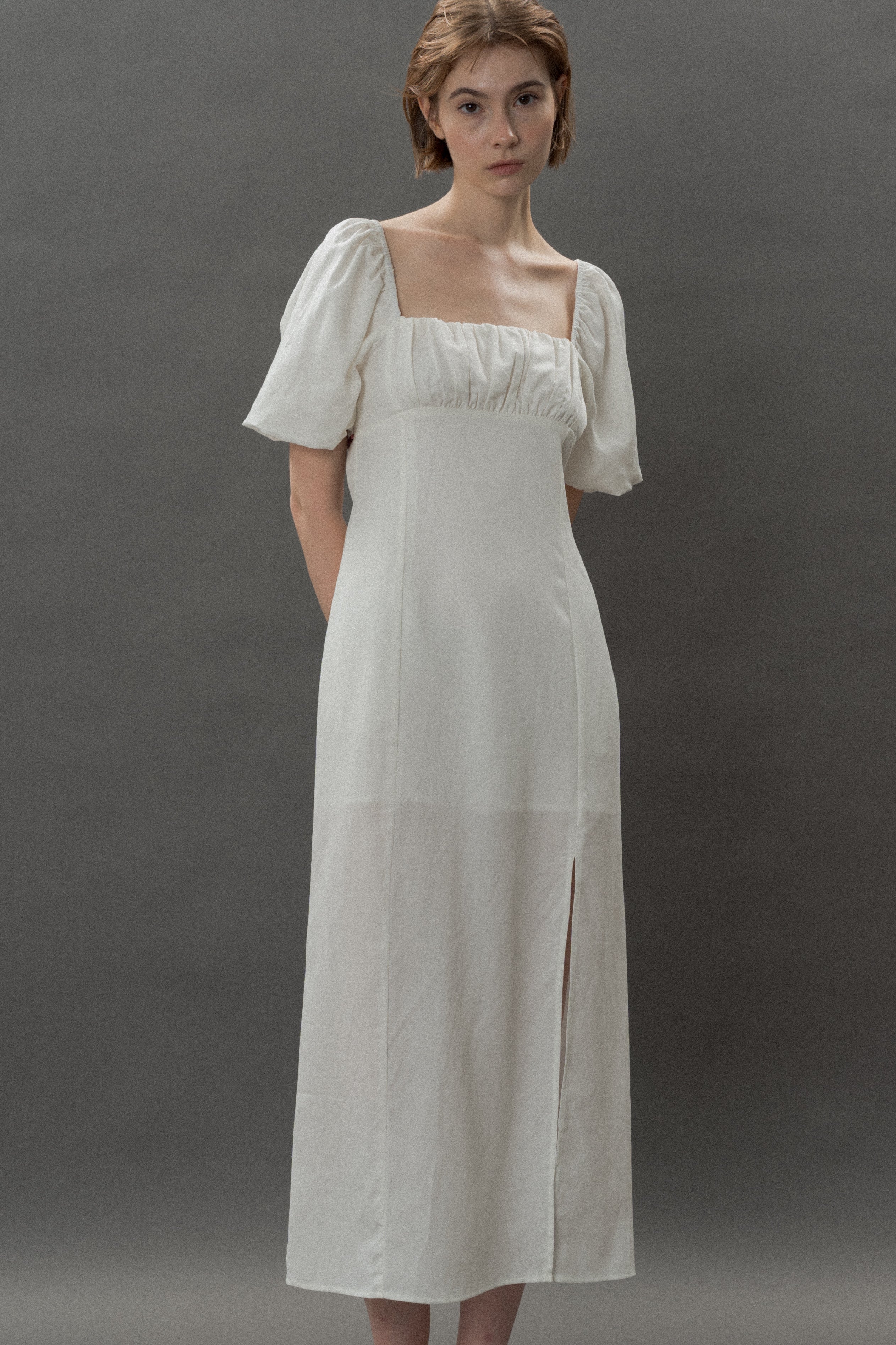 Puff Sleeve Midi Ruched Sun Dress in White
