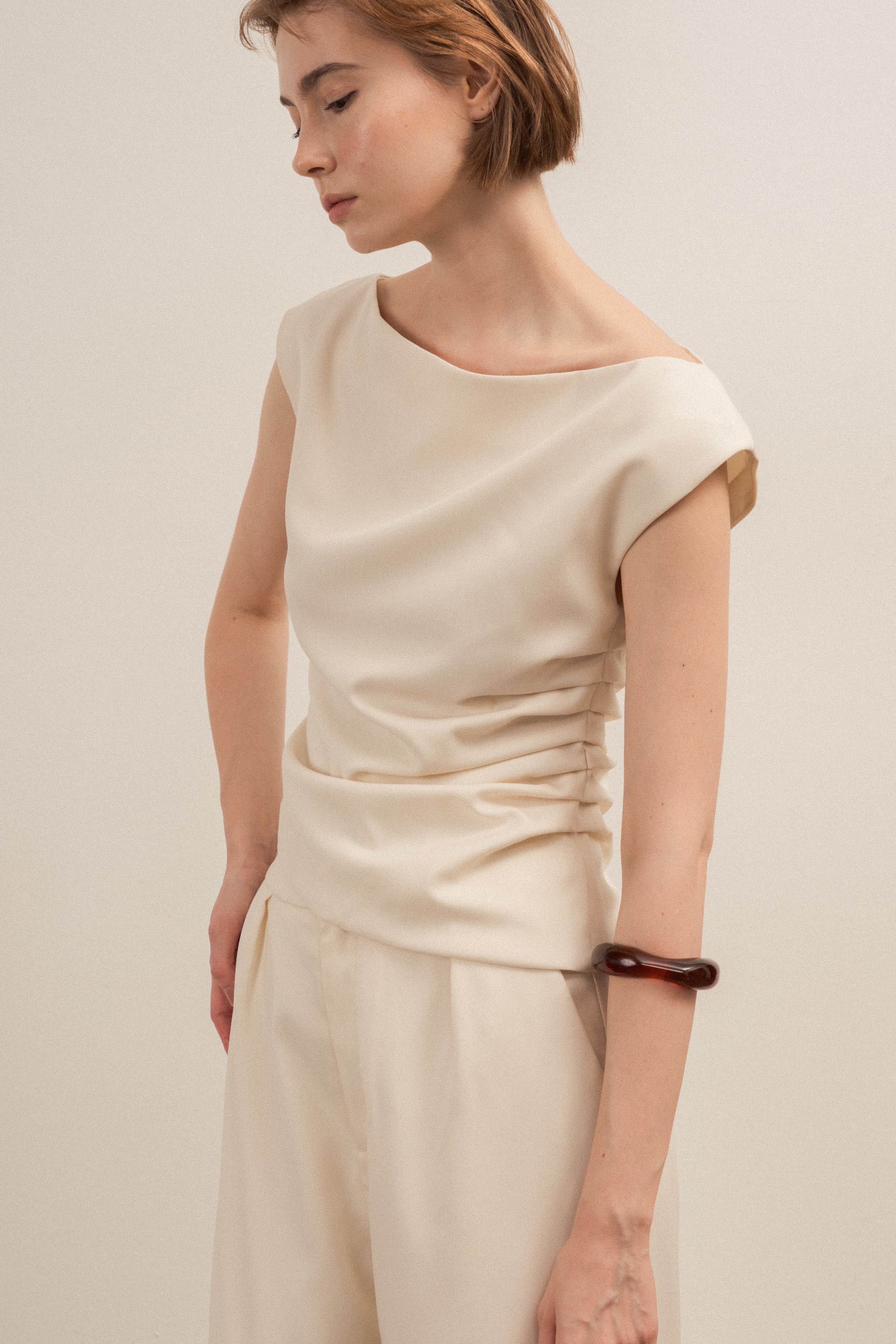 Asymmetrical Ruched Waist Blouse in Natural