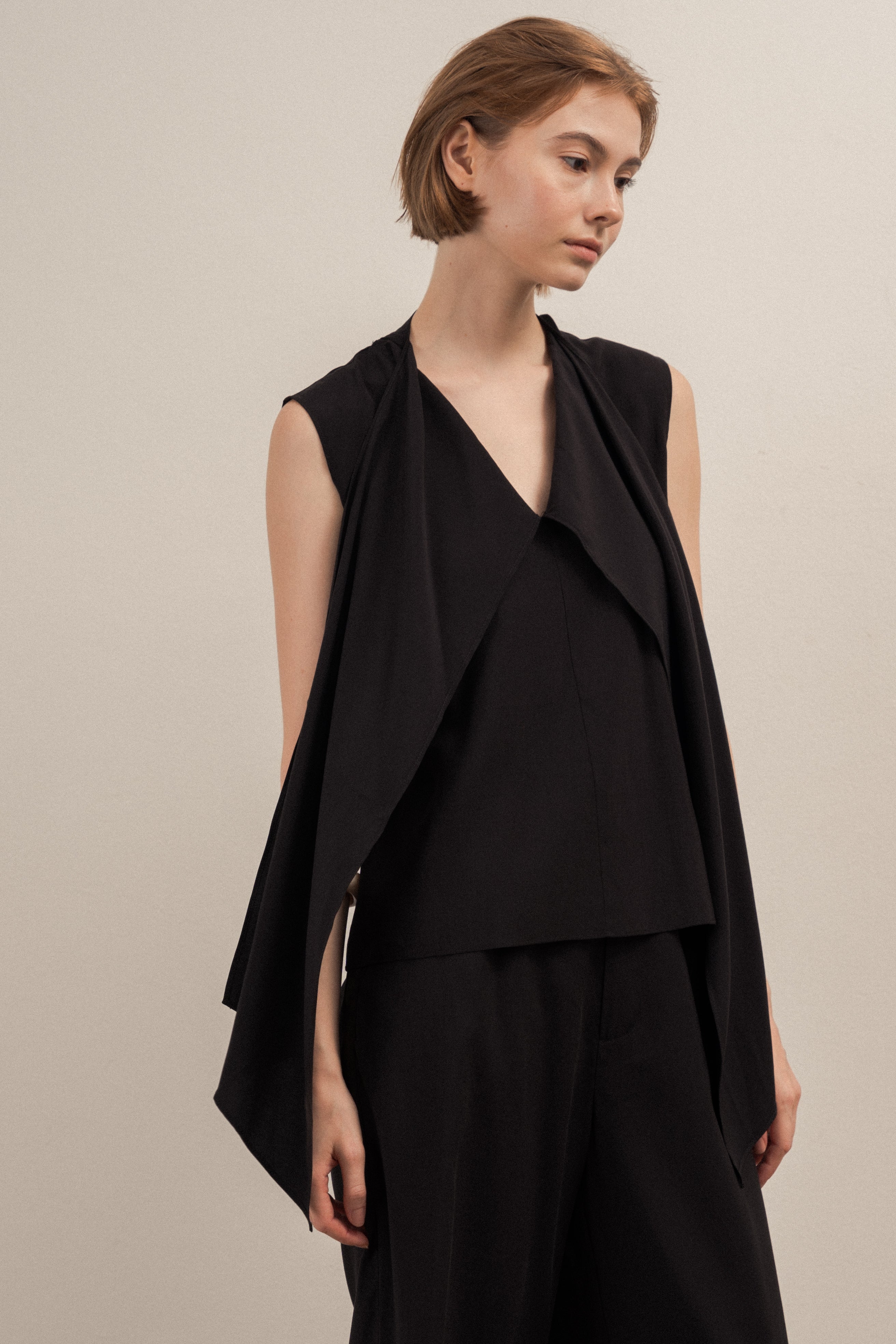Draped Sash V-Neck Sleeveeless Blouse in Black