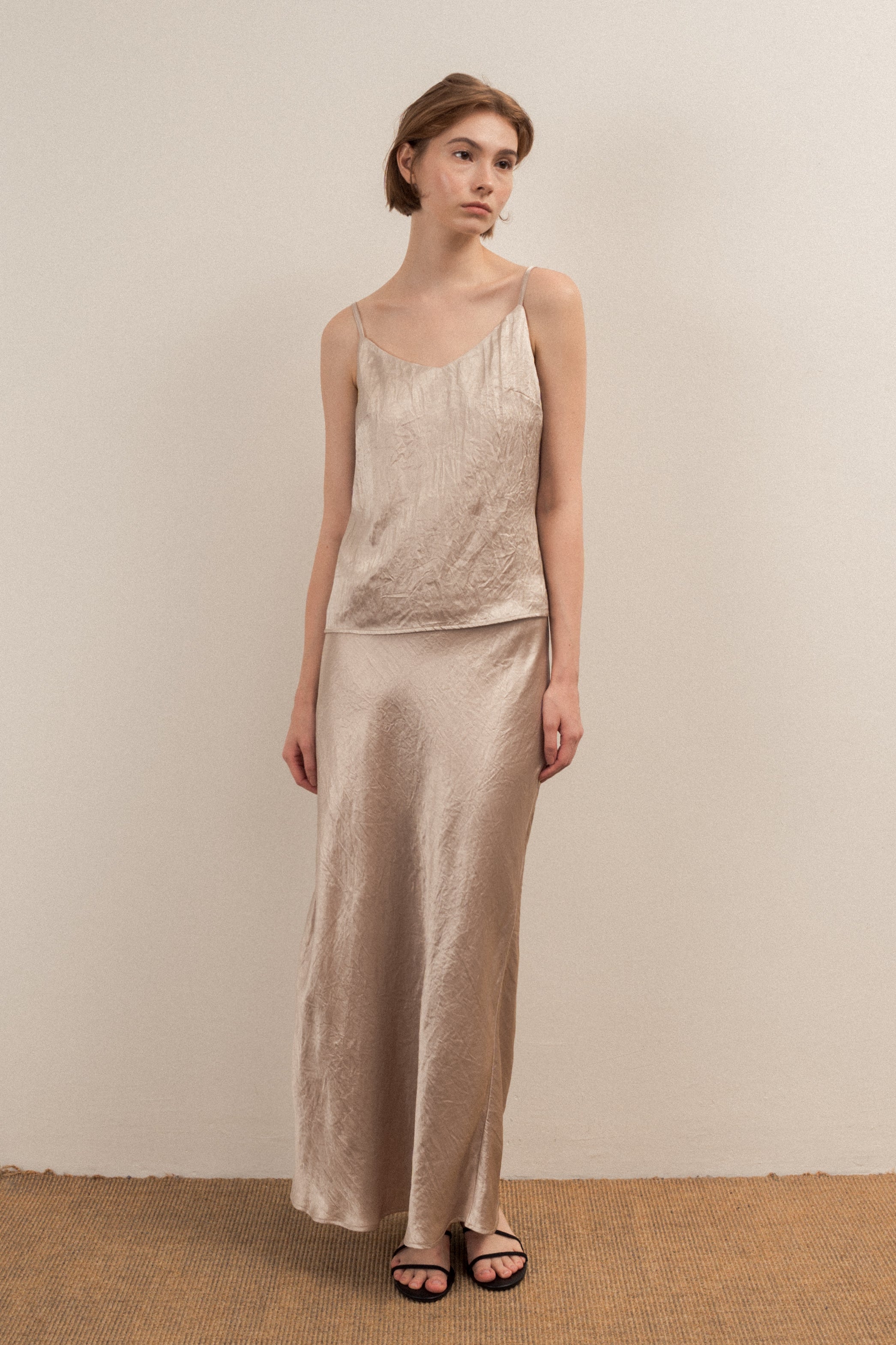 Satin Midi Slip Skirt in Taupe