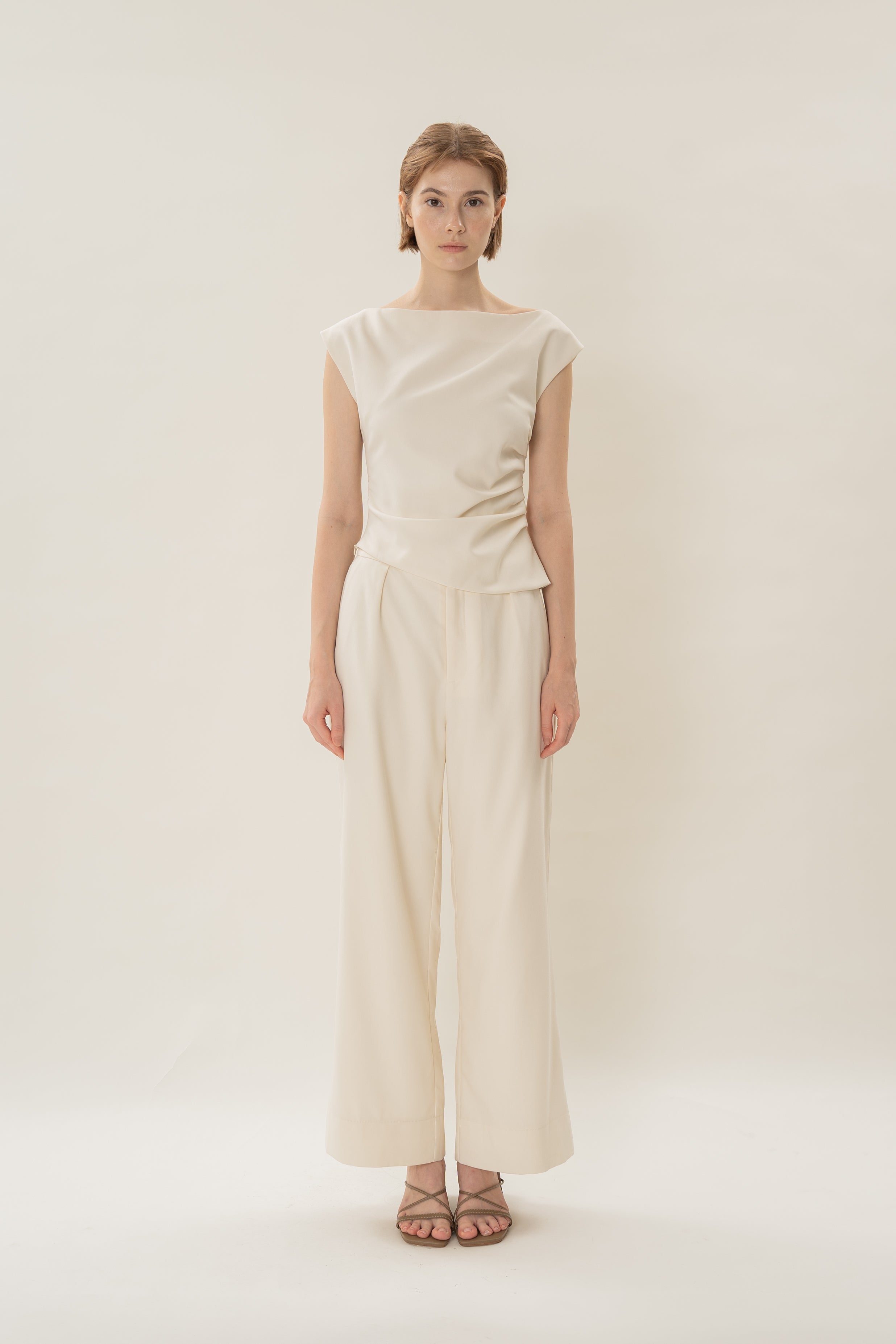 Asymmetrical Ruched Waist Blouse in Natural