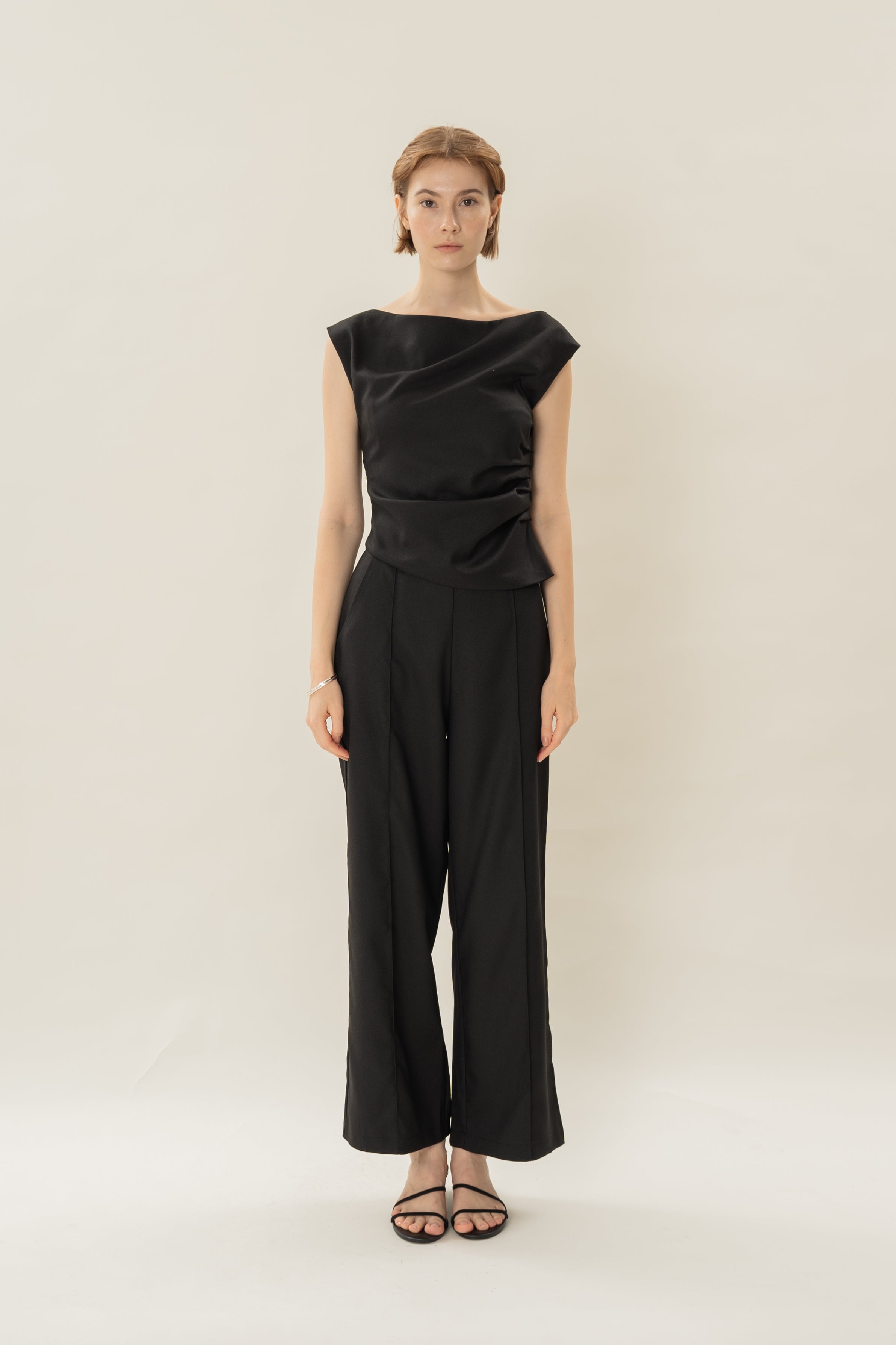 Asymmetrical Ruched Waist Blouse in Black